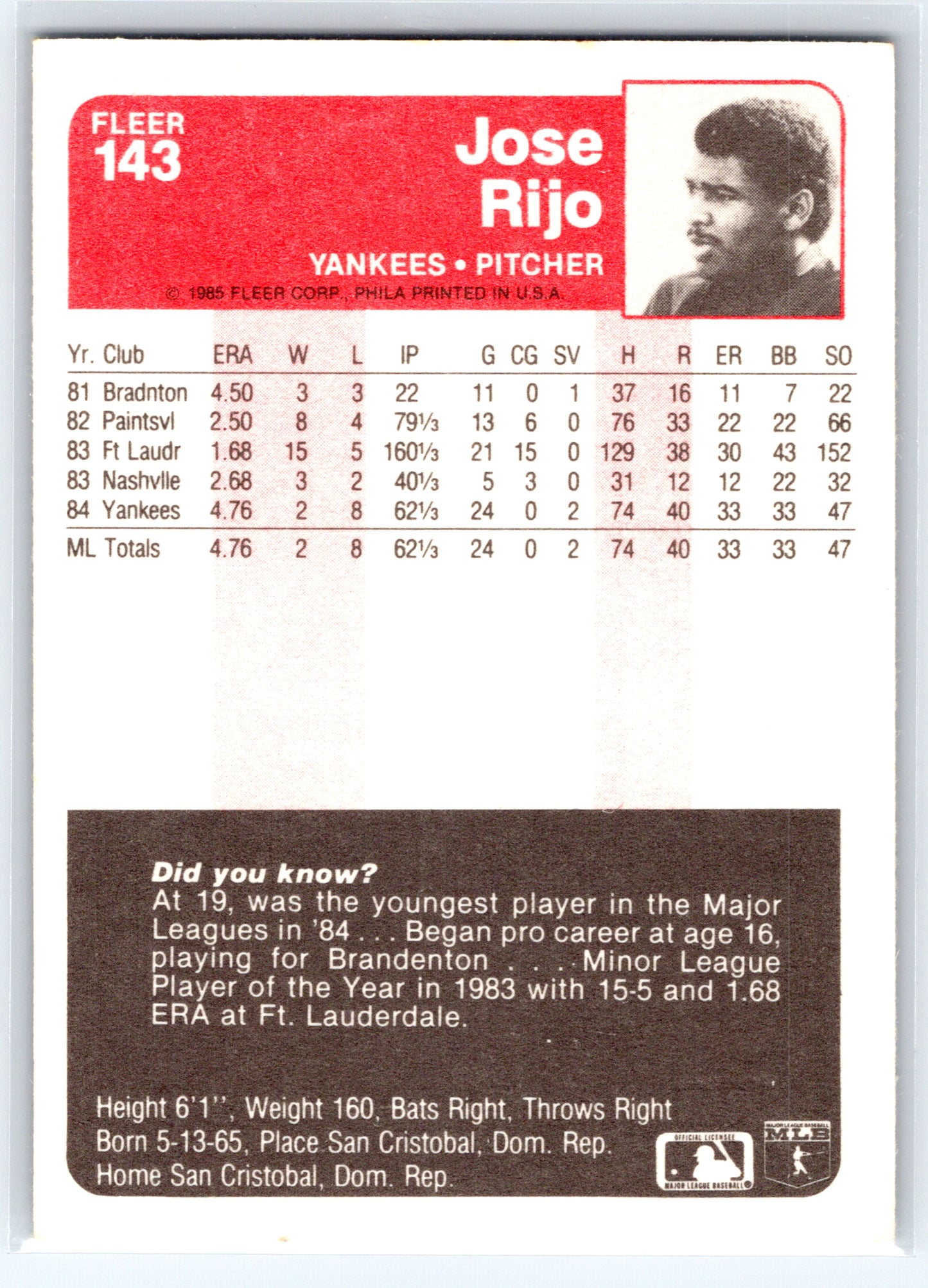 1985 Fleer #143 Jose Rijo