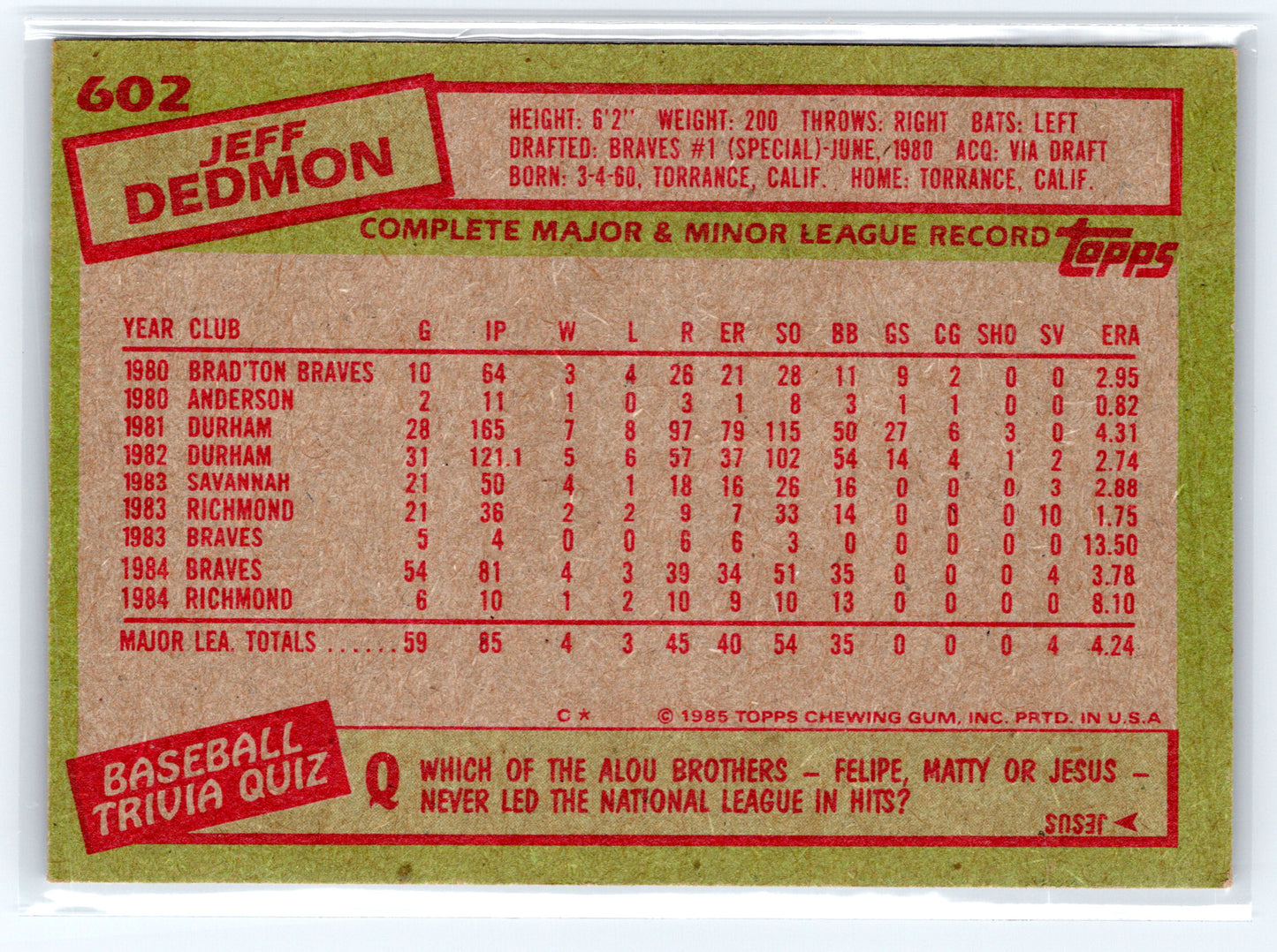 1985 Topps #602 Jeff Dedmon
