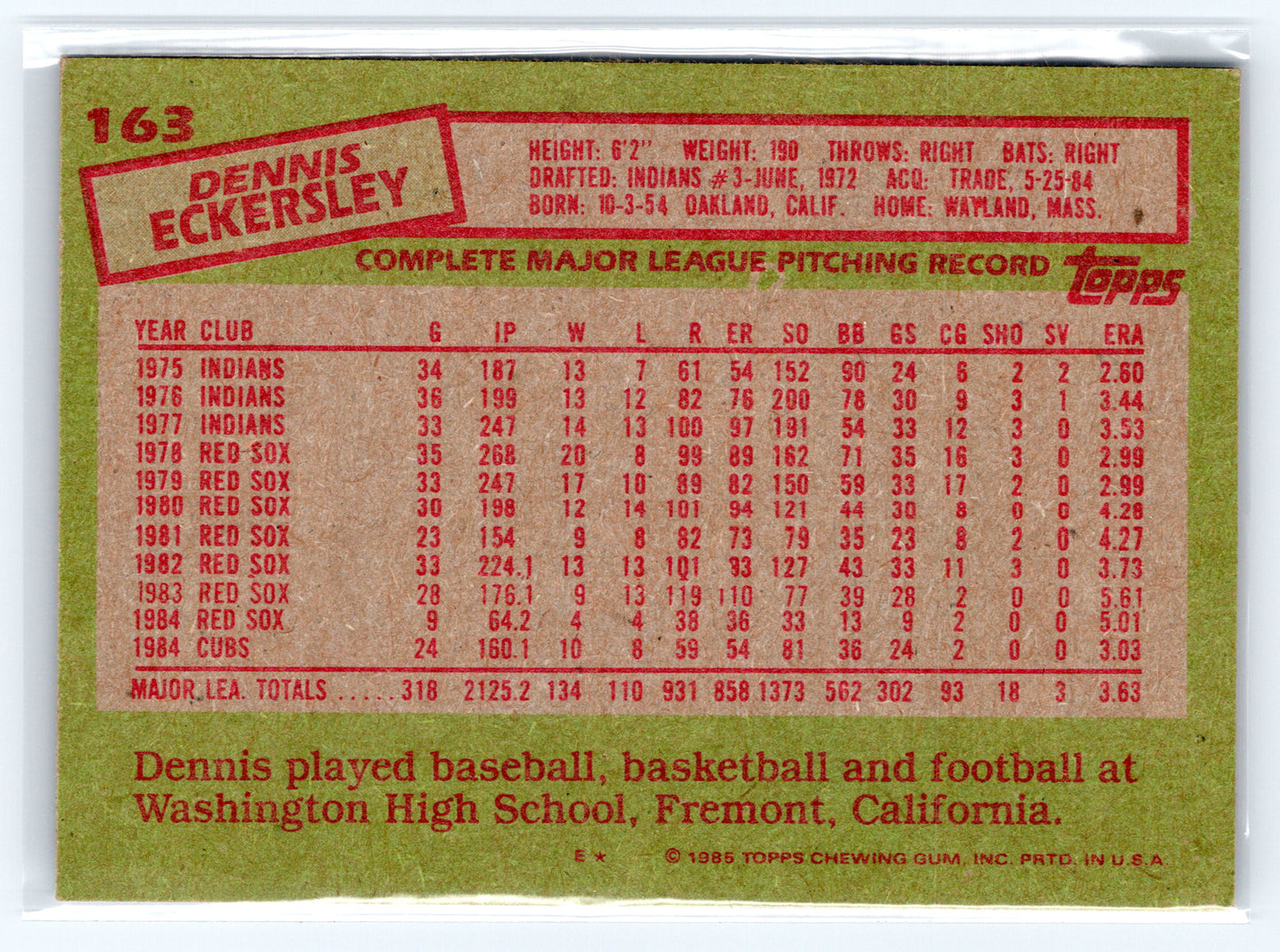1985 Topps #163 Dennis Eckersley