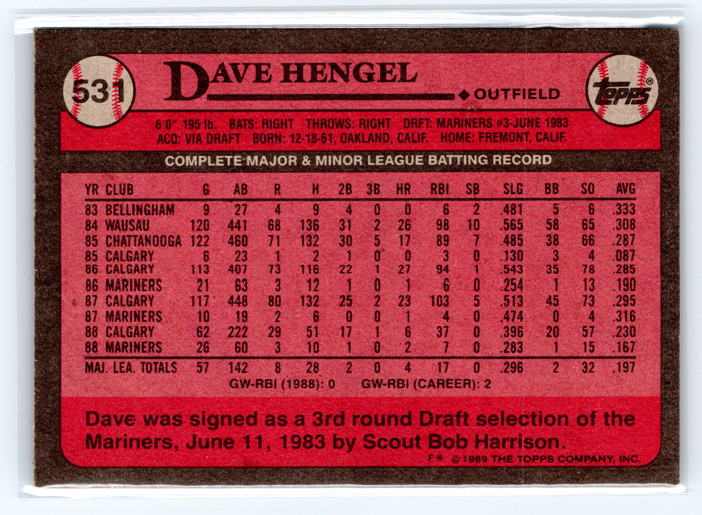 1989 Topps #531 Dave Hengel