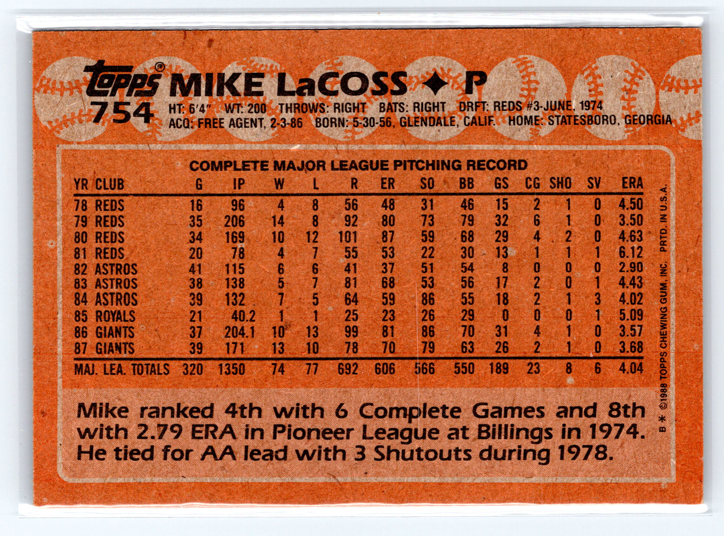1988 Topps #754 Mike LaCoss