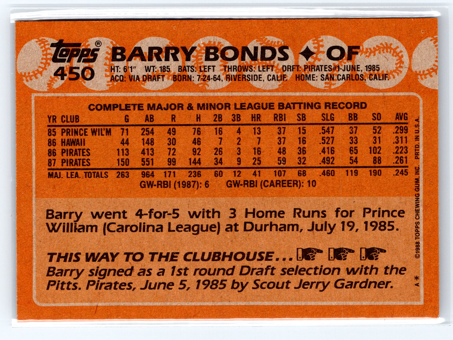 1988 Topps #450 Barry Bonds
