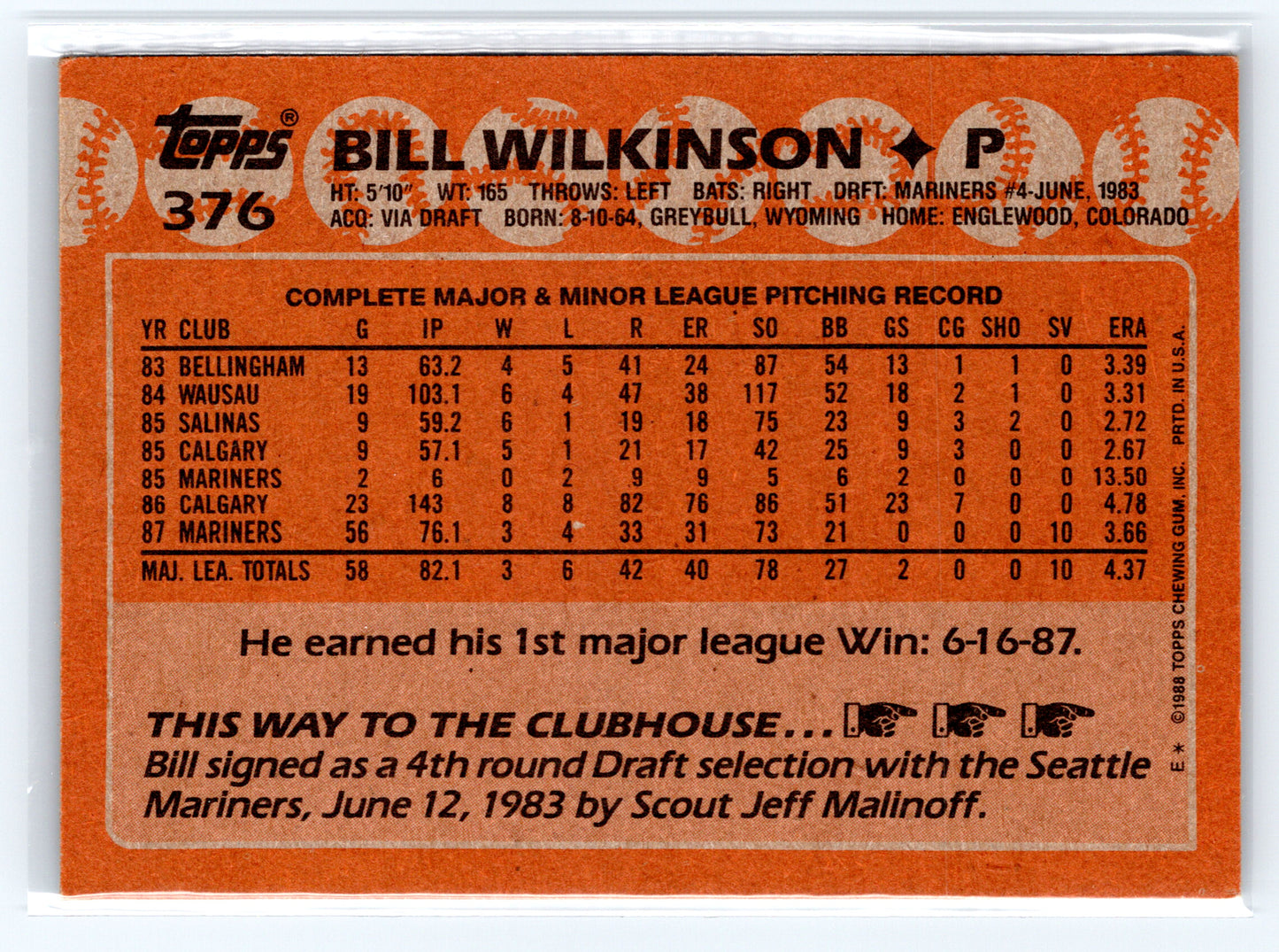 1988 Topps #376 Bill Wilkinson