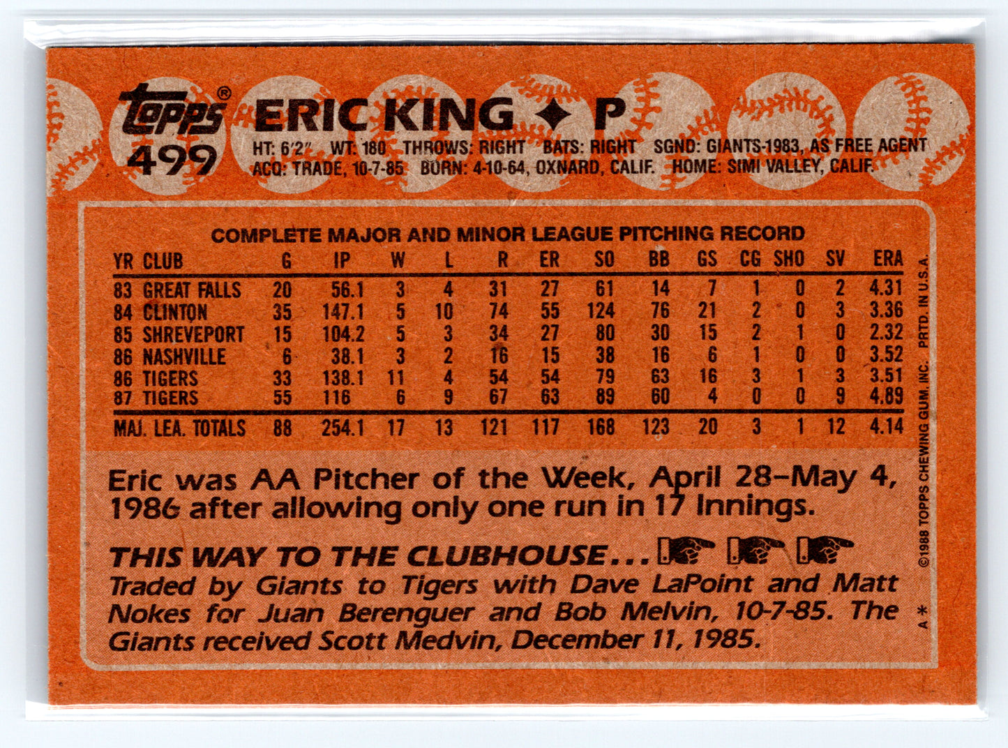 1988 Topps #499 Eric King
