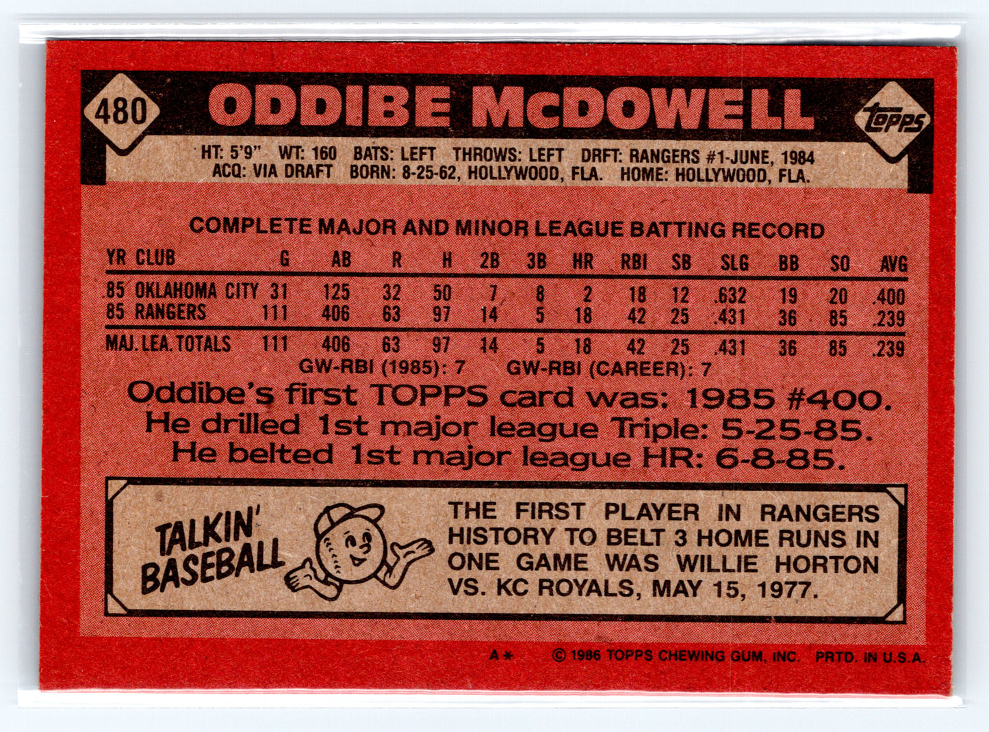 1986 Topps #480 Oddibe McDowell