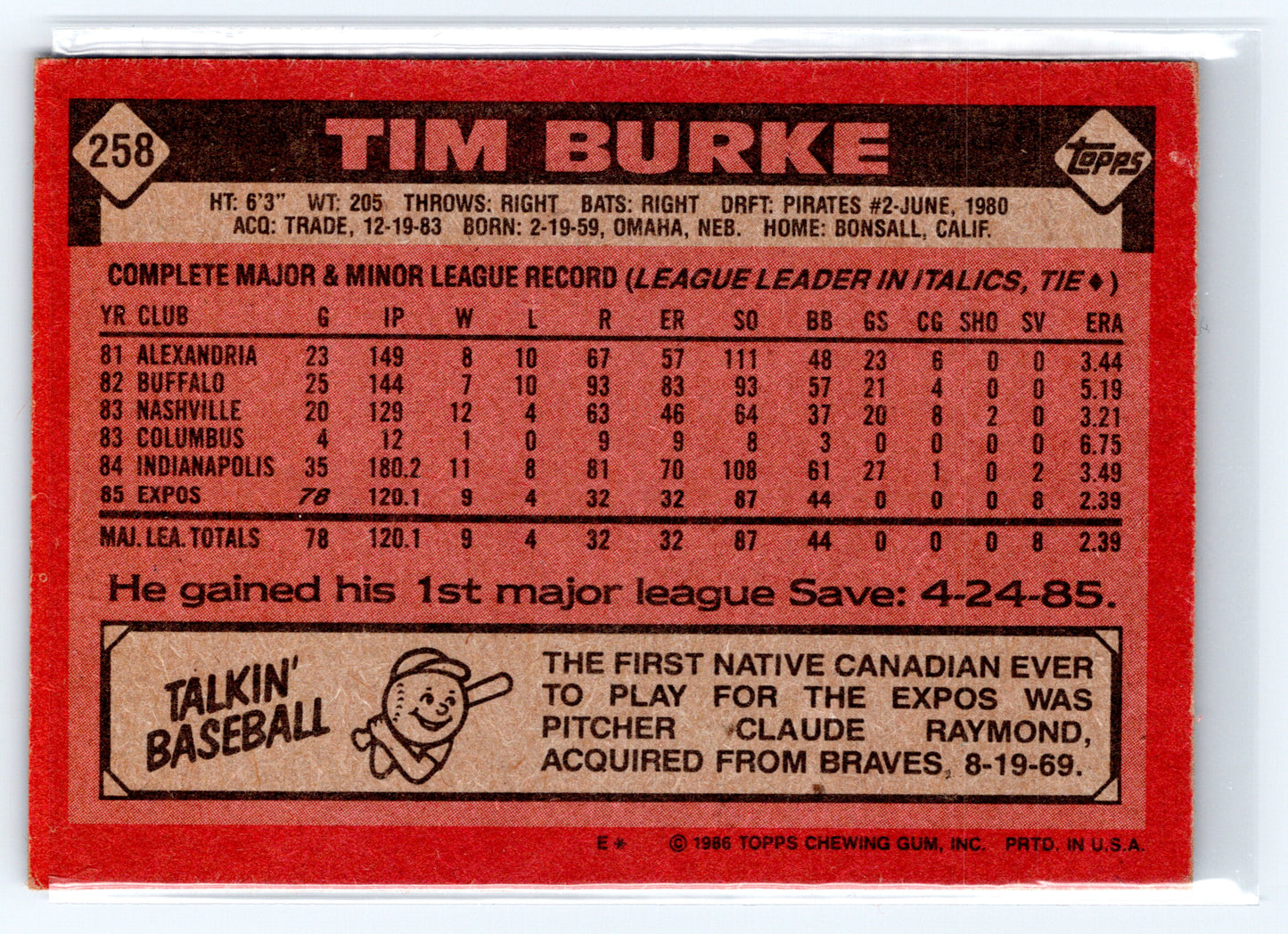 1986 Topps #258 Tim Burke