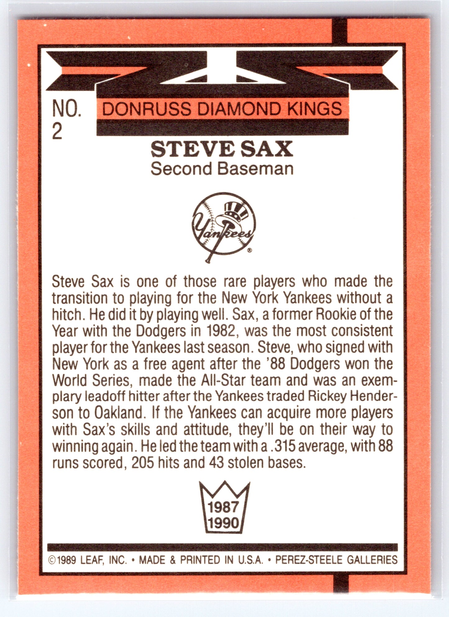 1989 Donruss #2 Steve Sax