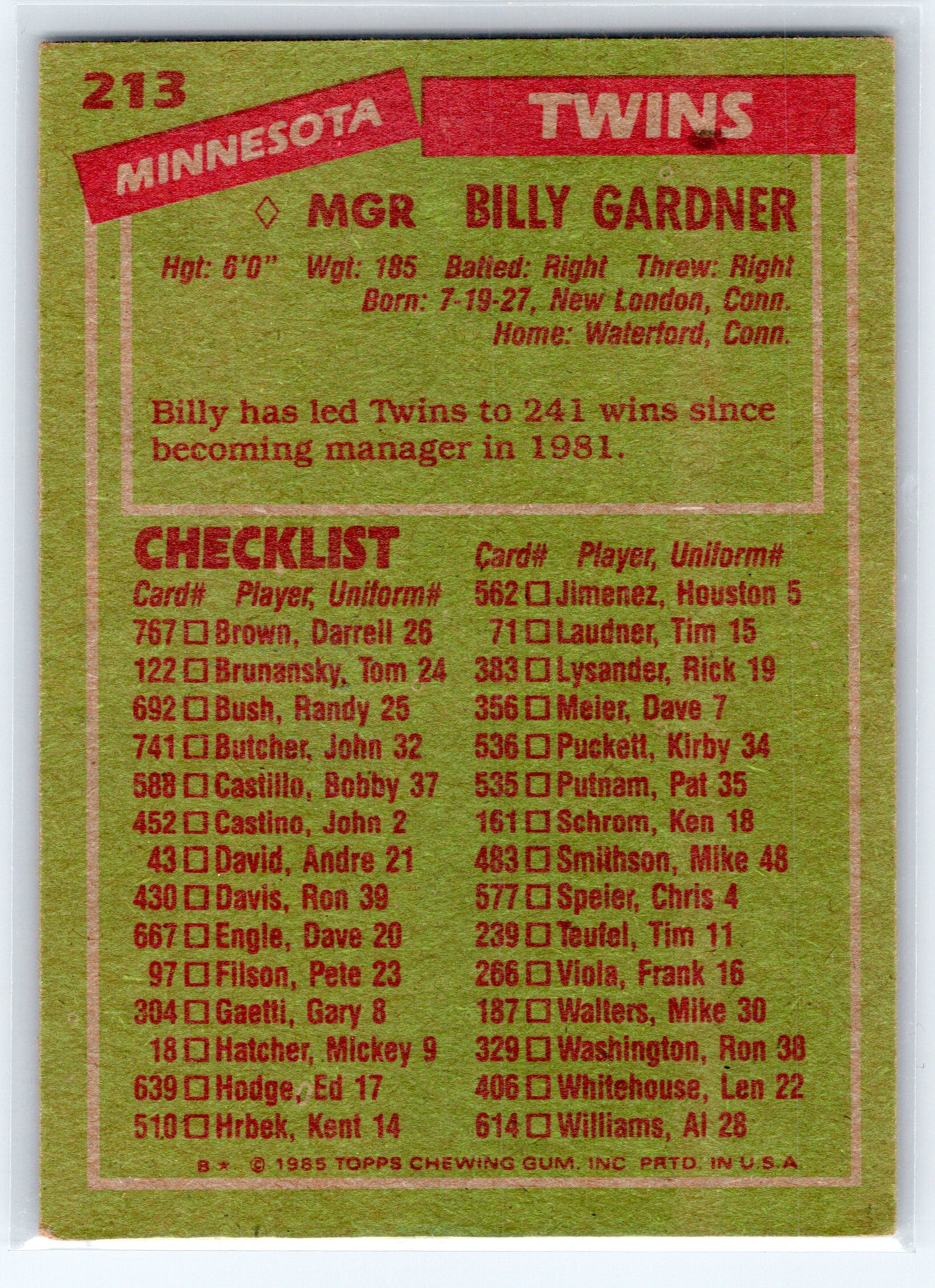 1985 Topps #213 Billy Gardner