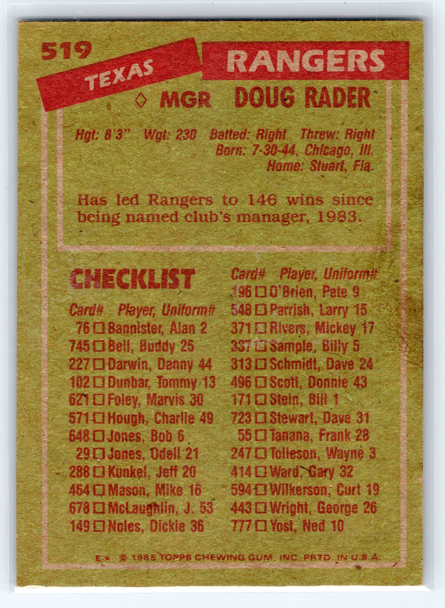 1985 Topps #519 Doug Rader