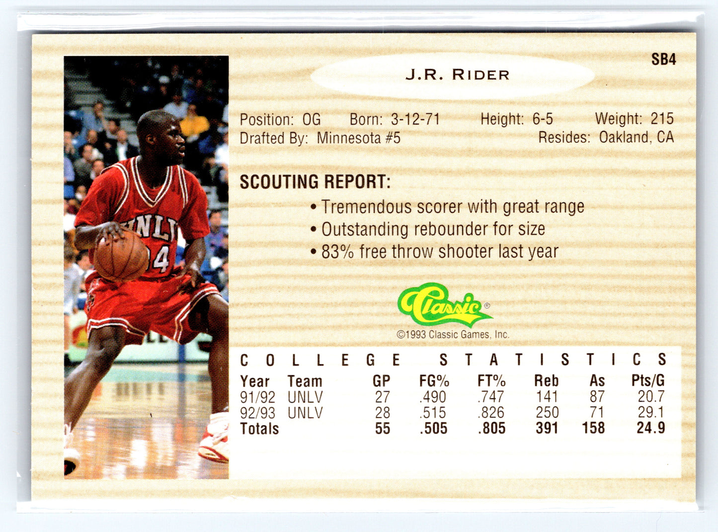 1993 Classic Draft Picks #SB4 J.R. Rider Special Bonus