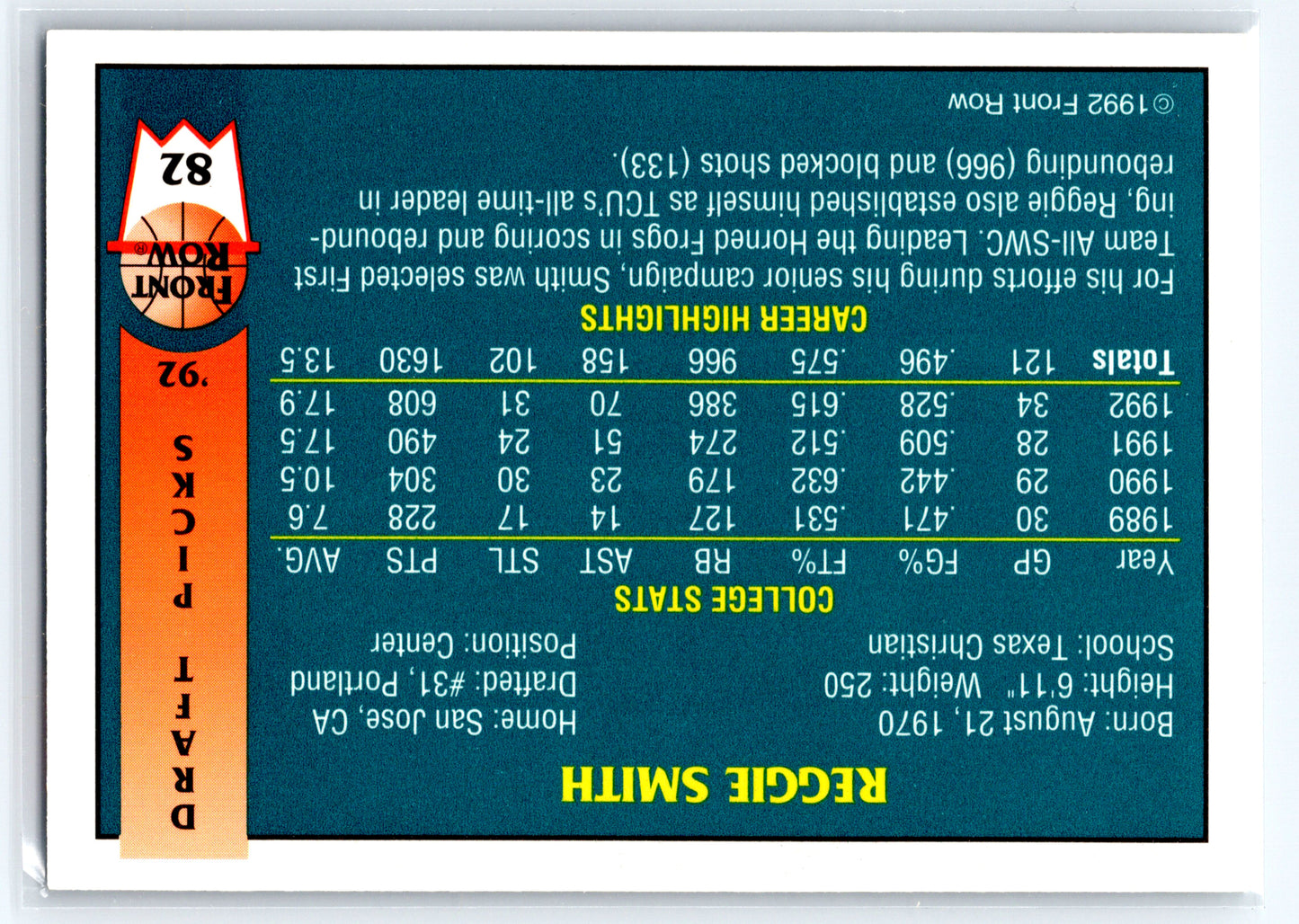 1992 Front Row Draft Picks #82 Reggie Smith