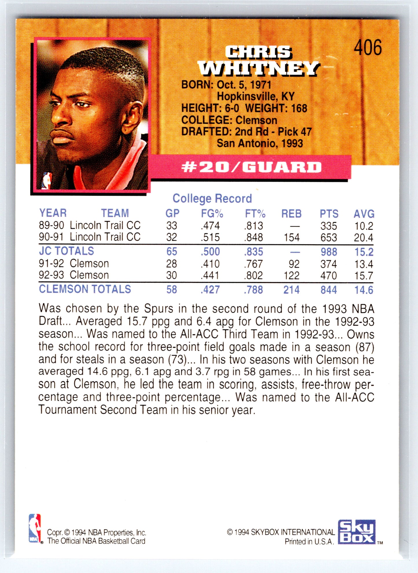 1993-94 Hoops #406 Chris Whitney Fifth Anniversary Gold