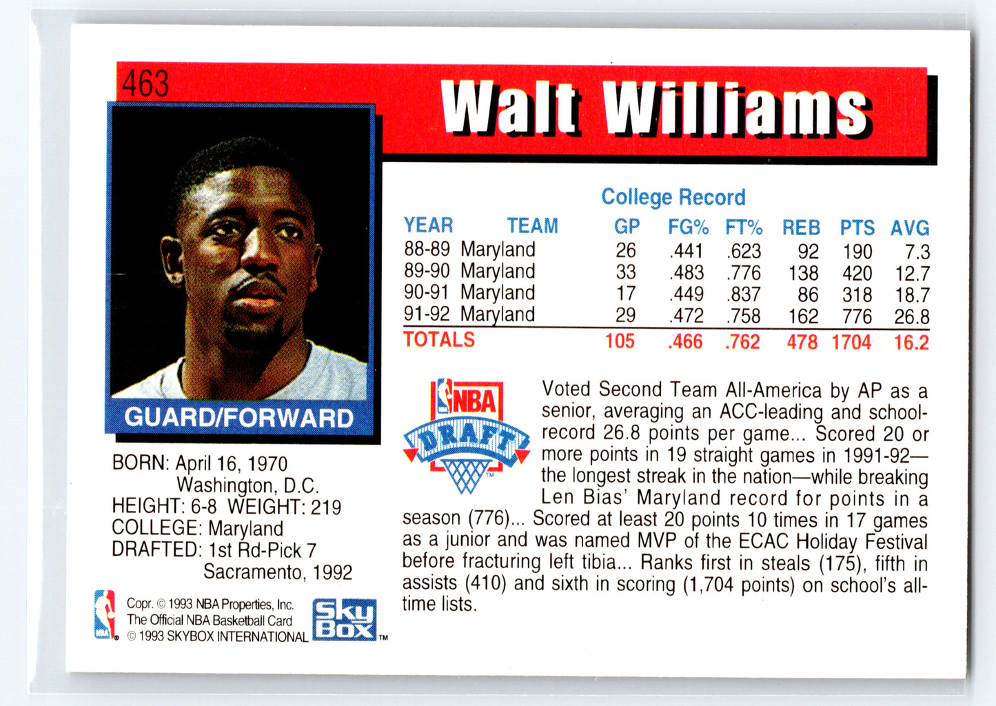 1992-93 Hoops #463 Walt Williams