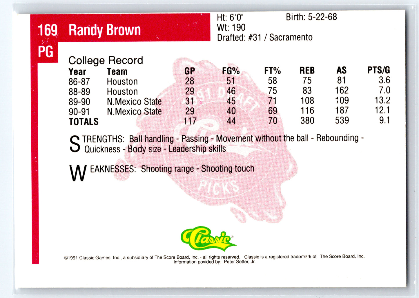 1991 Classic Four Sport #169 Randy Brown