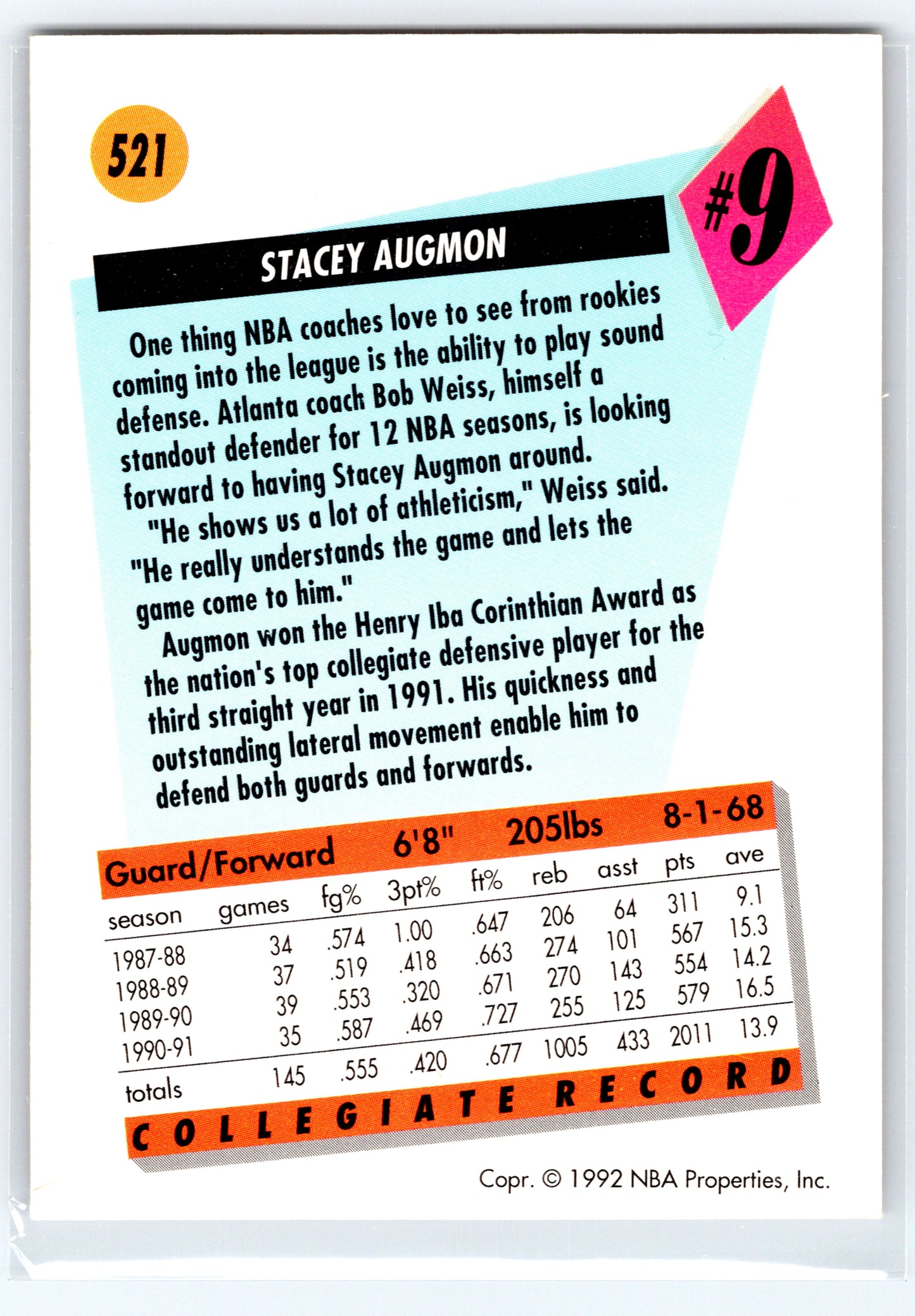 1991-92 SkyBox #521 Stacey Augmon
