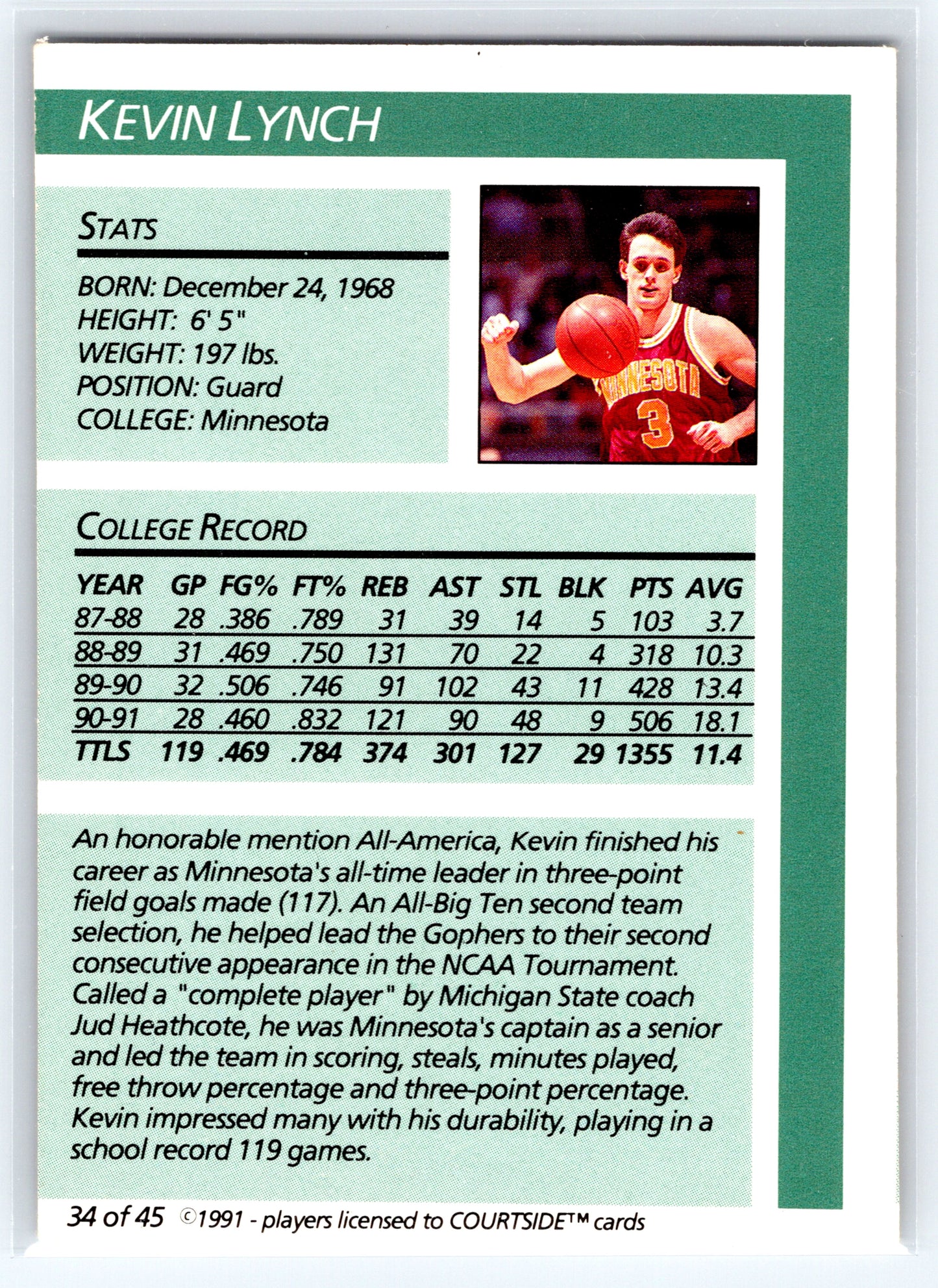 1991 Courtside #34 Kevin Lynch