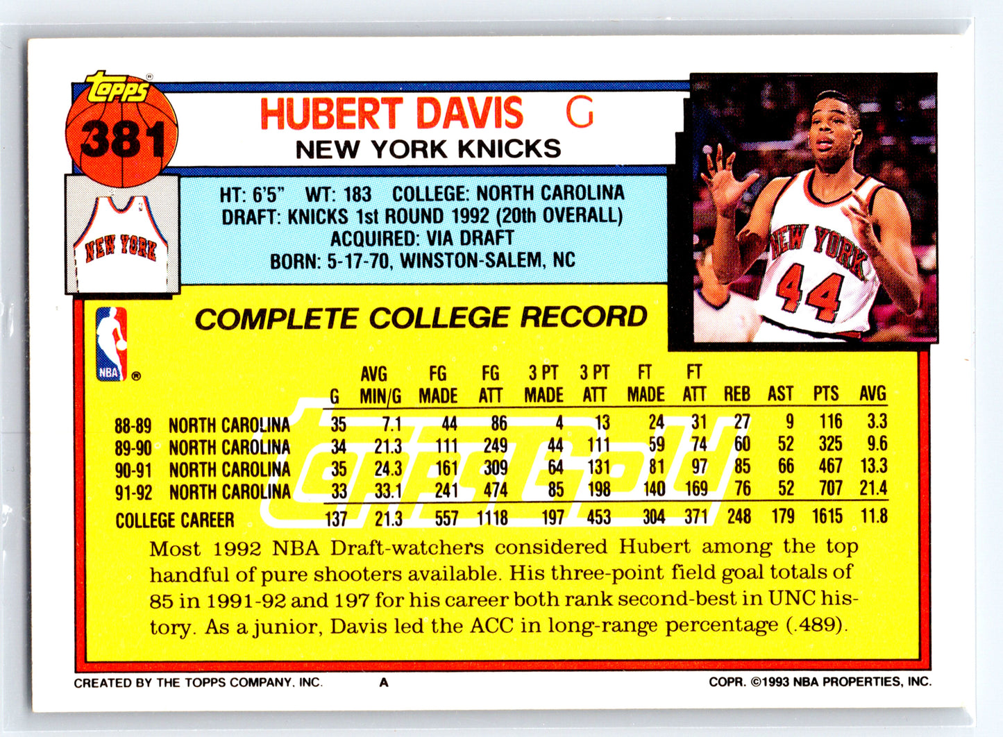 1992-93 Topps #381 Hubert Davis Gold