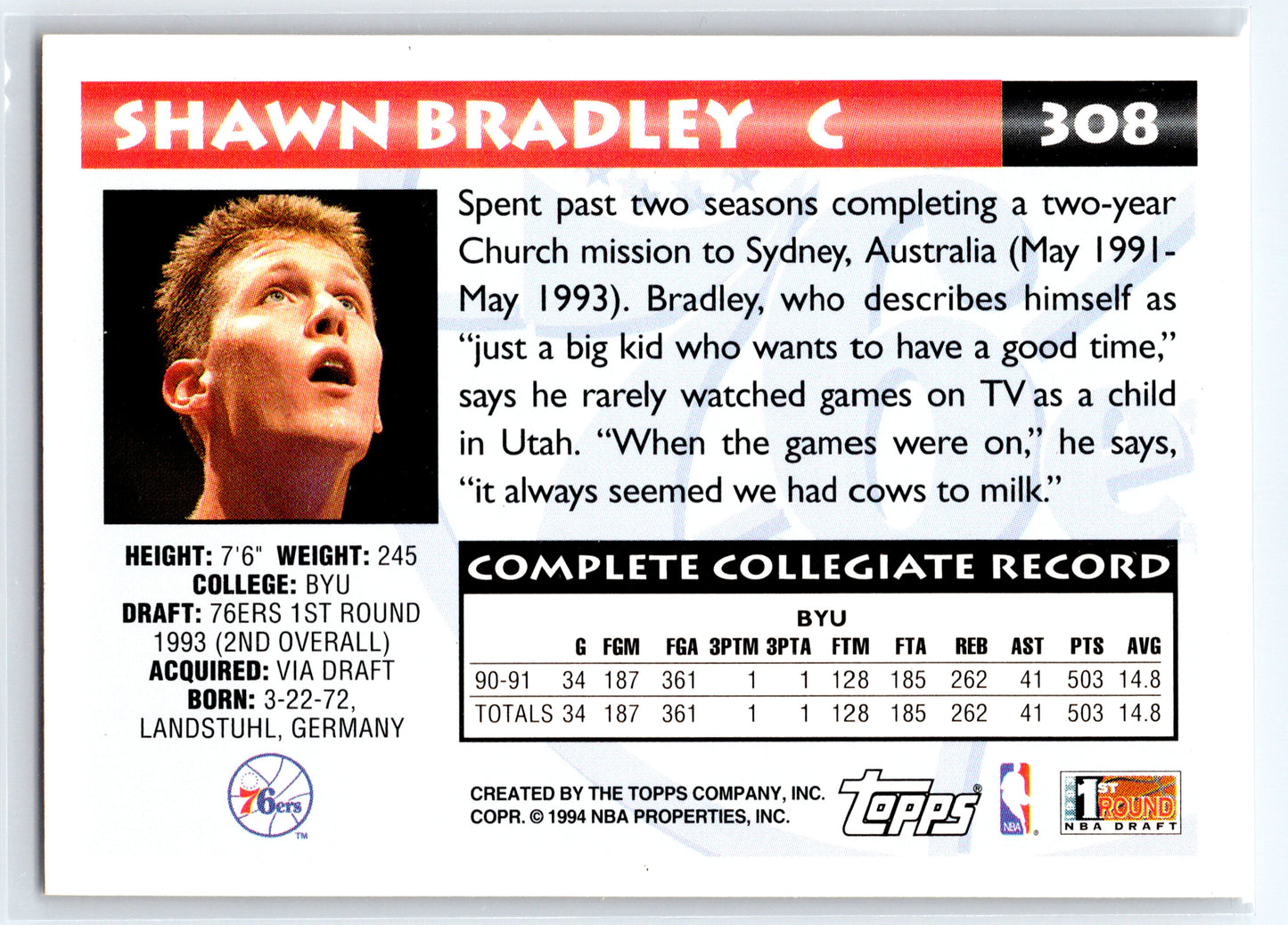 1993-94 Topps #308 Shawn Bradley