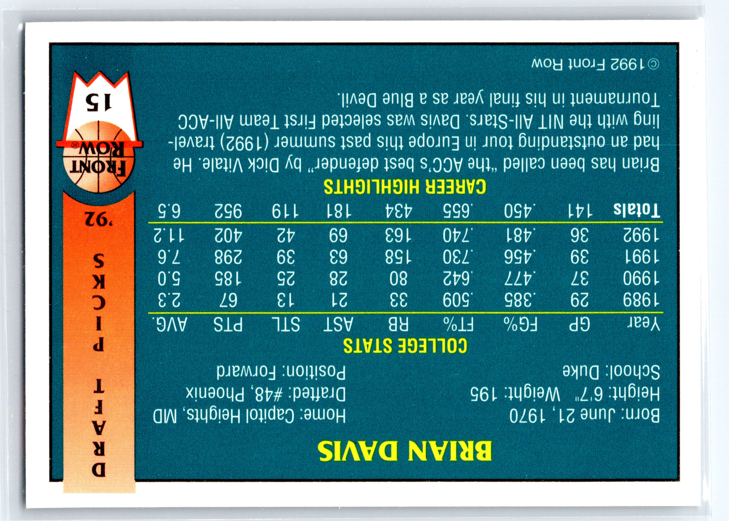 1992 Front Row Draft Picks #15 Brian Davis