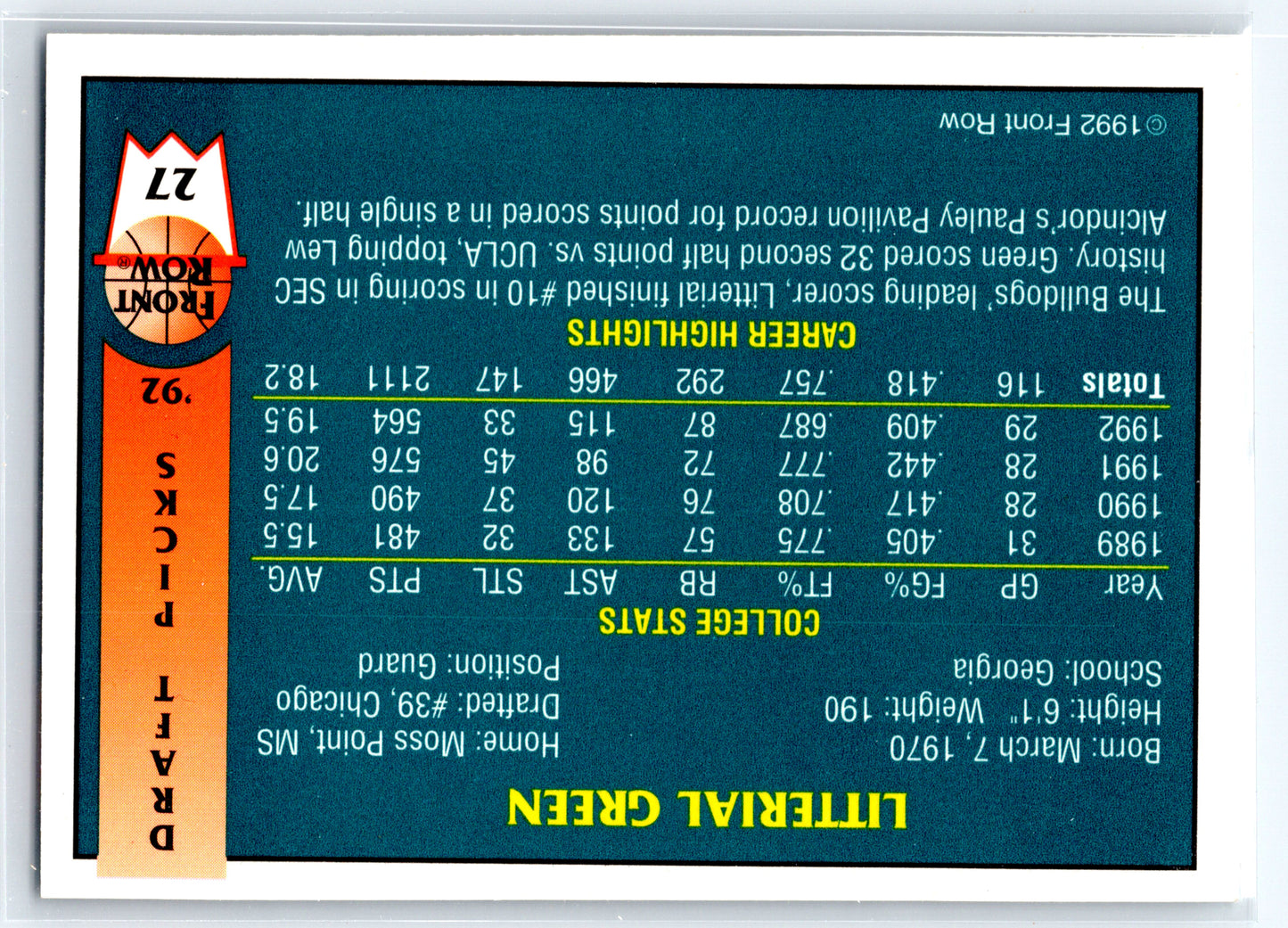 1992 Front Row Draft Picks #27 Litterial Green