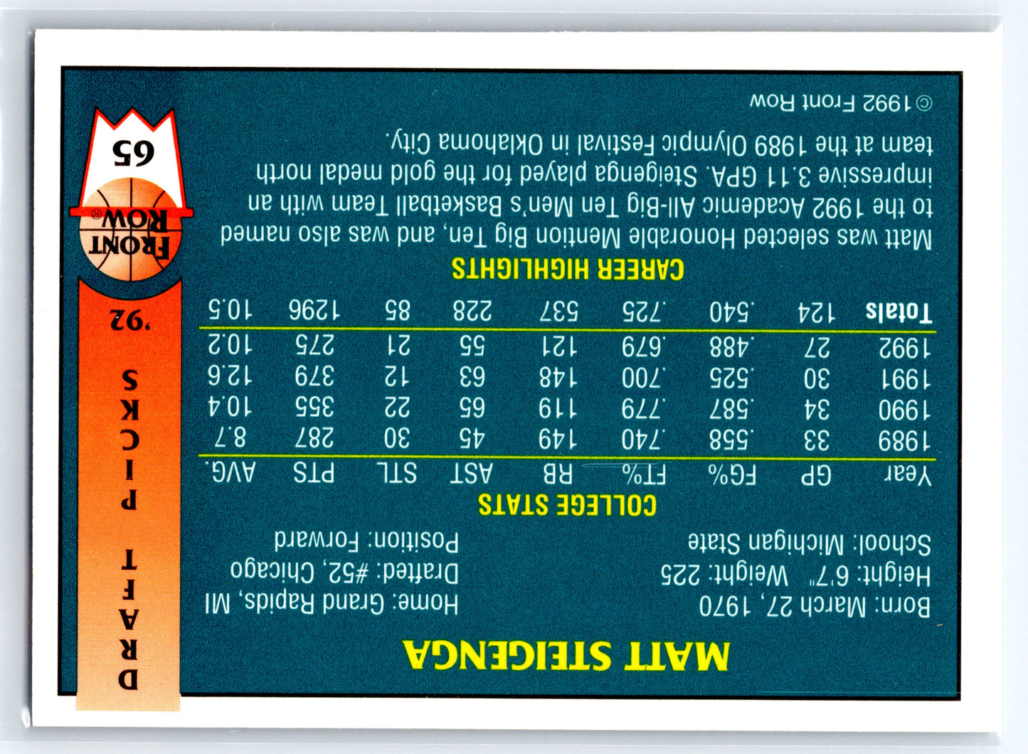 1992 Front Row Draft Picks #65 Matt Steigenga