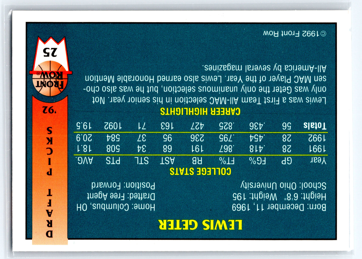 1992 Front Row Draft Picks #25 Lewis Geter
