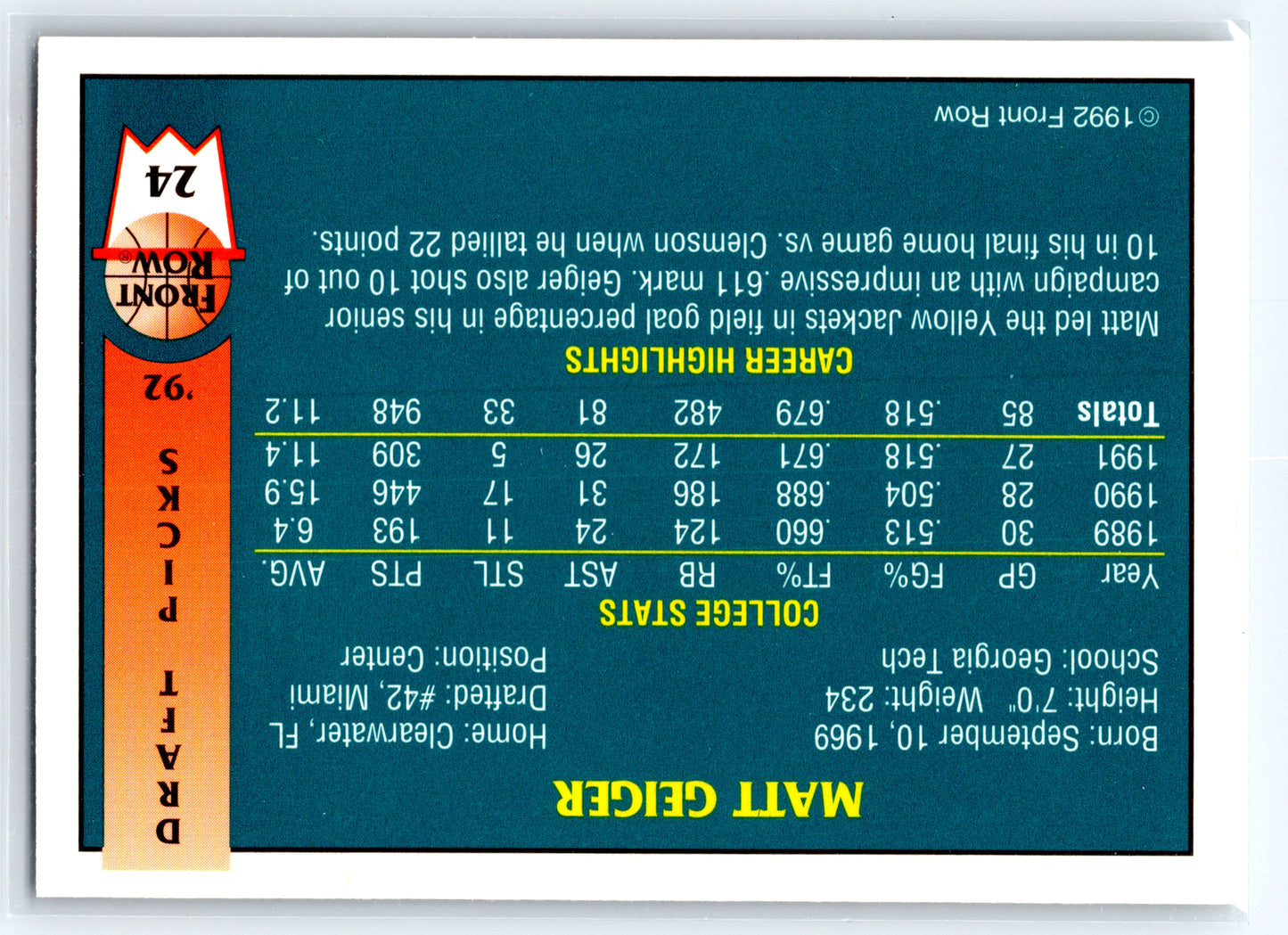 1992 Front Row Draft Picks #24 Matt Geiger