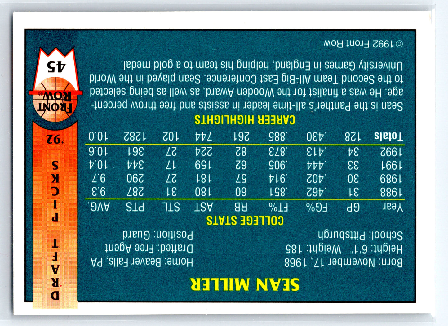 1992 Front Row Draft Picks #45 Sean Miller