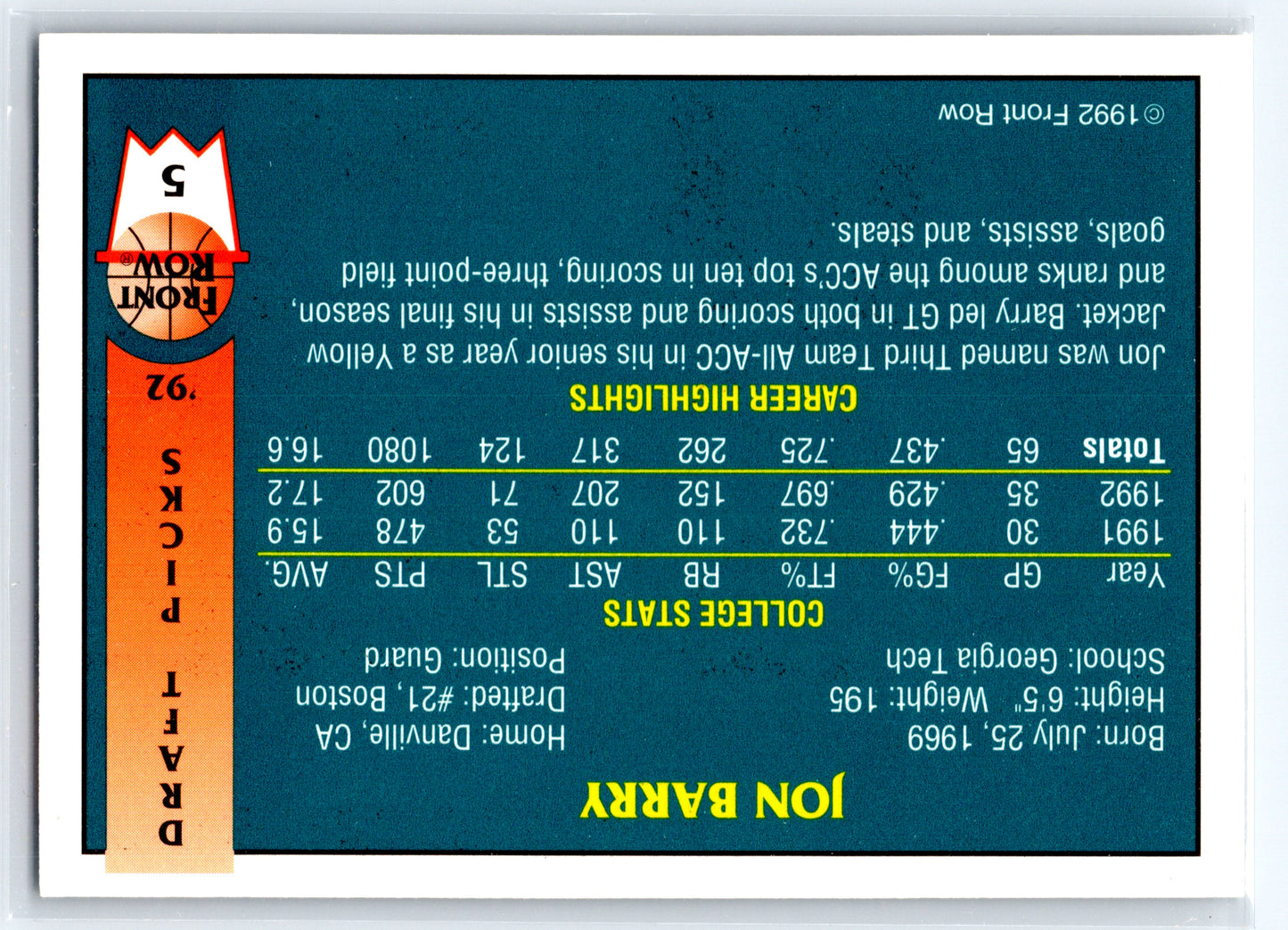 1992 Front Row Draft Picks #5 Jon Barry