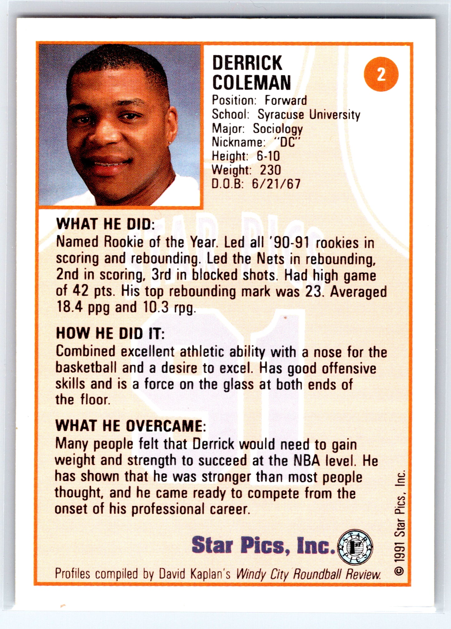 1991 Star Pics #2 Derrick Coleman