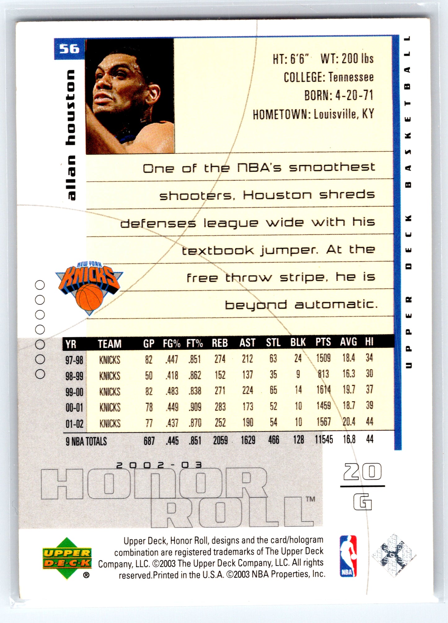 2002-03 Upper Deck Honor Roll #56 Allan Houston