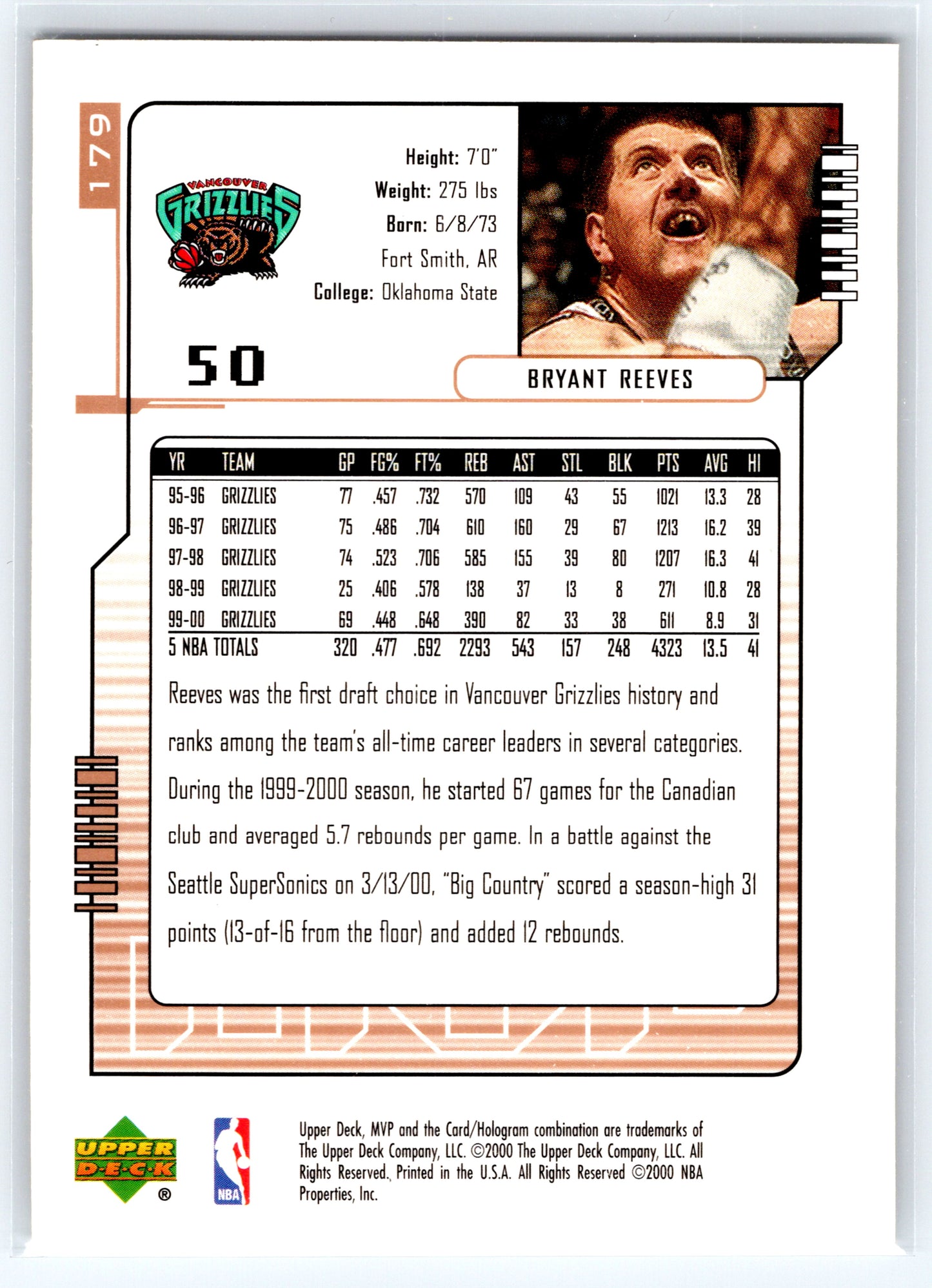 2000-01 Upper Deck MVP #179 Bryant Reeves