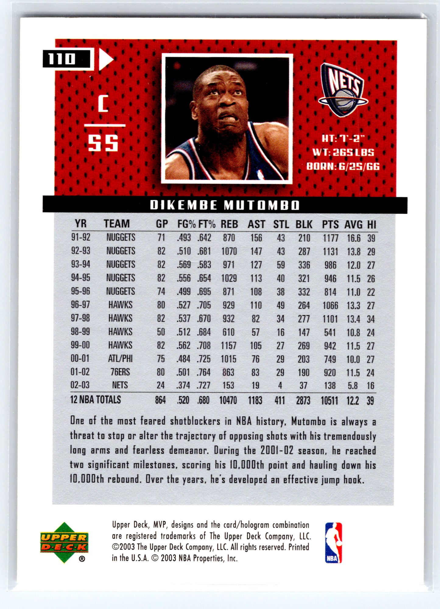 2003-04 Upper Deck MVP #110 Dikembe Mutombo