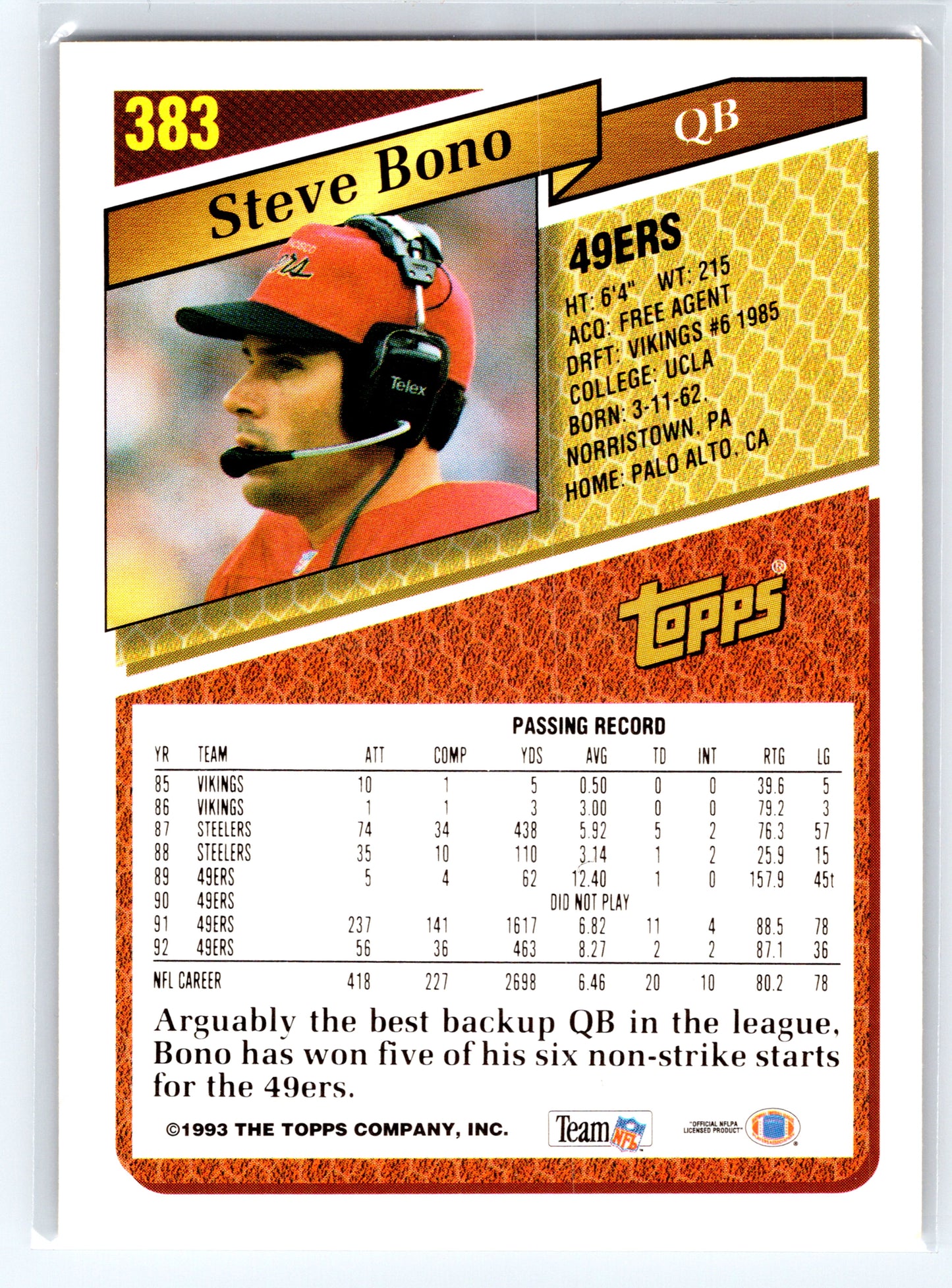 1993 Topps #383 Steve Bono Gold