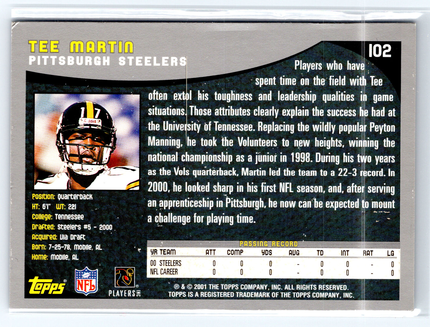 2001 Topps #102 Tee Martin Topps Collection