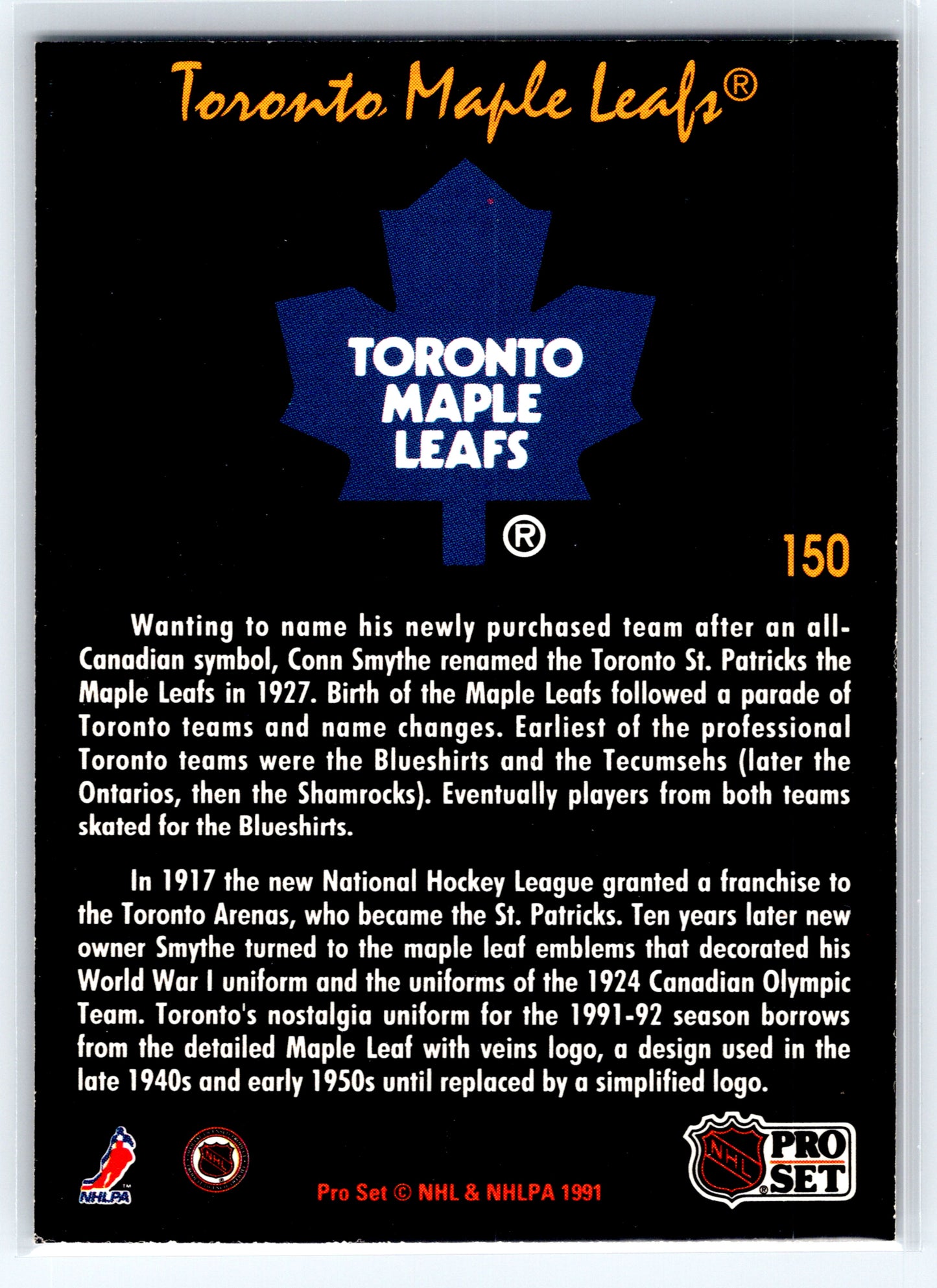 1991-92 Pro Set Platinum #150 Toronto Maple Leafs