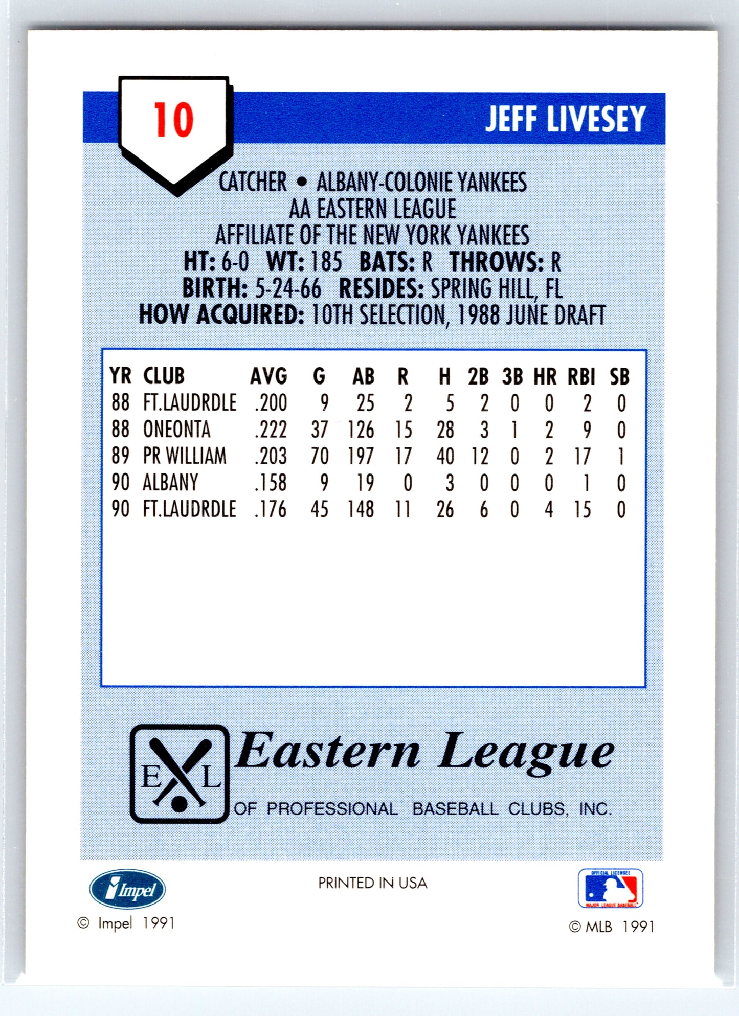 1991 Line Drive AA #10 Jeff Livesey