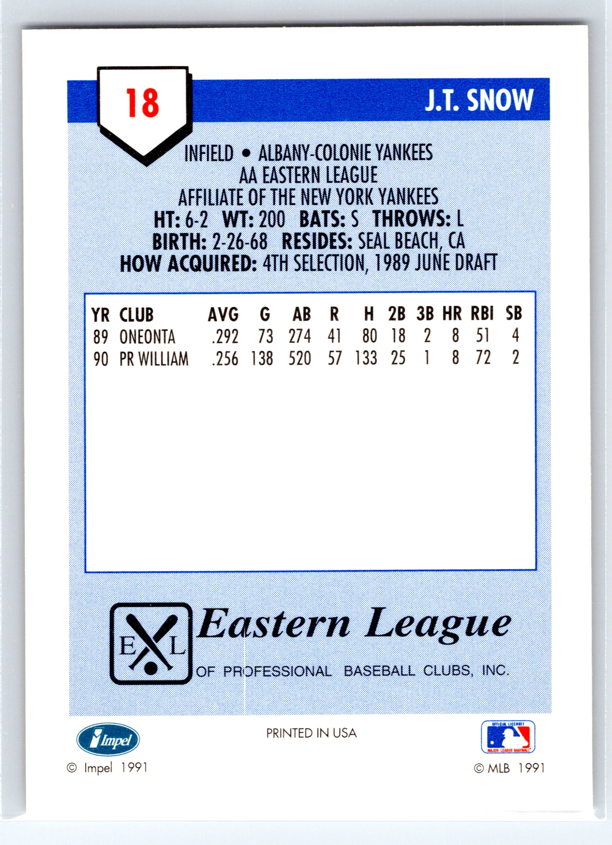 1991 Line Drive AA #18 J.T. Snow