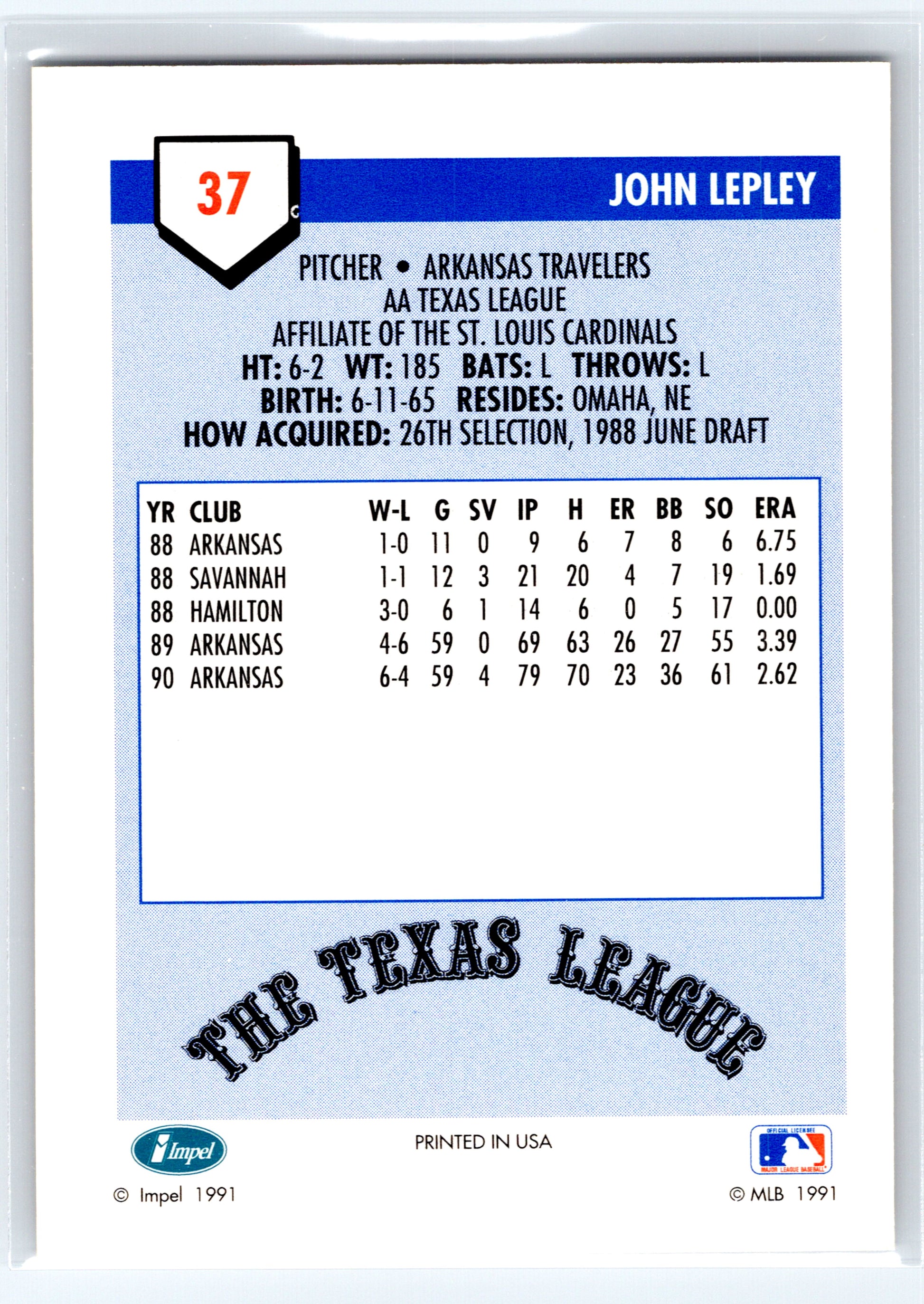 1991 Line Drive AA #37 John Lepley