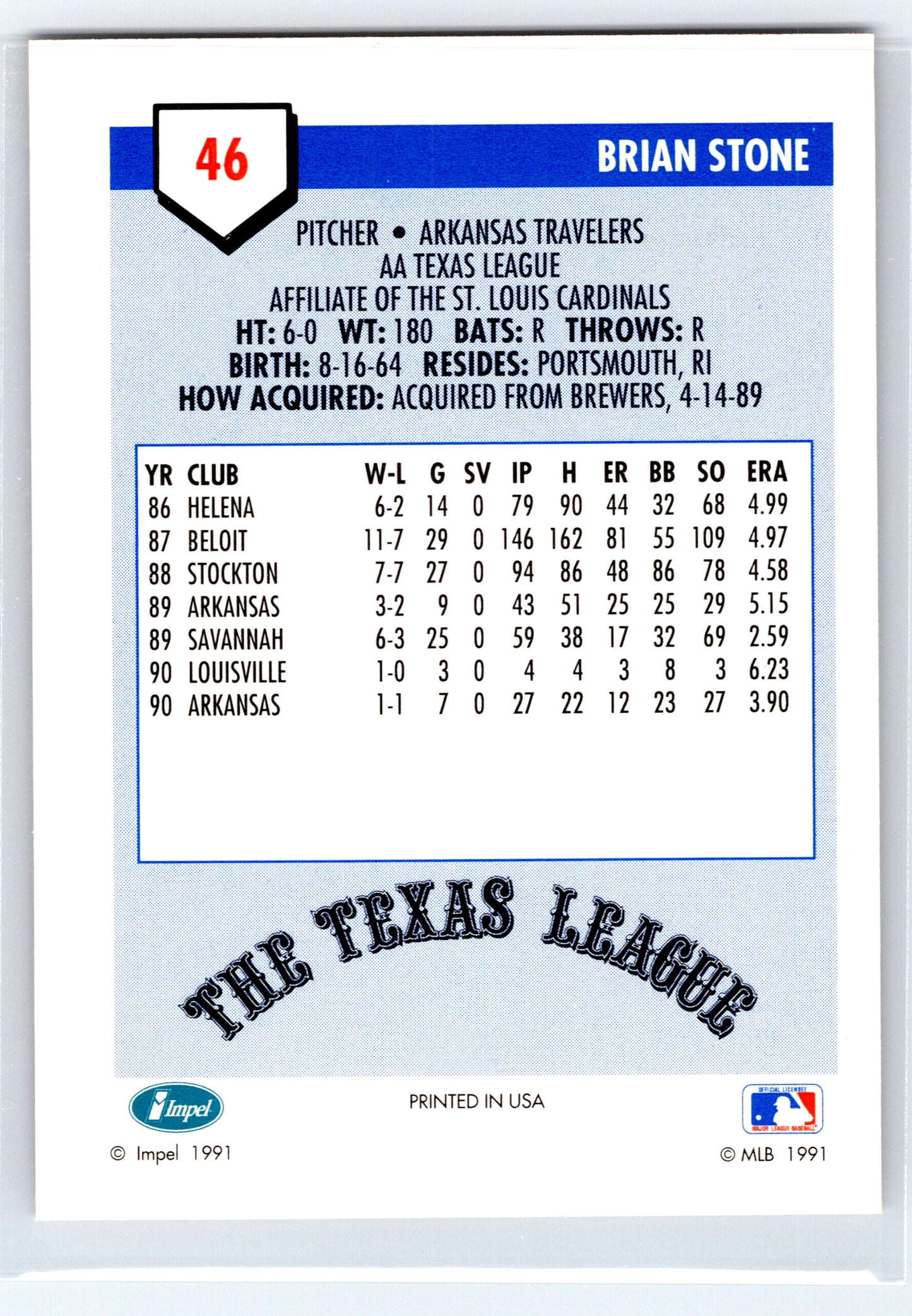 1991 Line Drive AA #46 Brian Stone