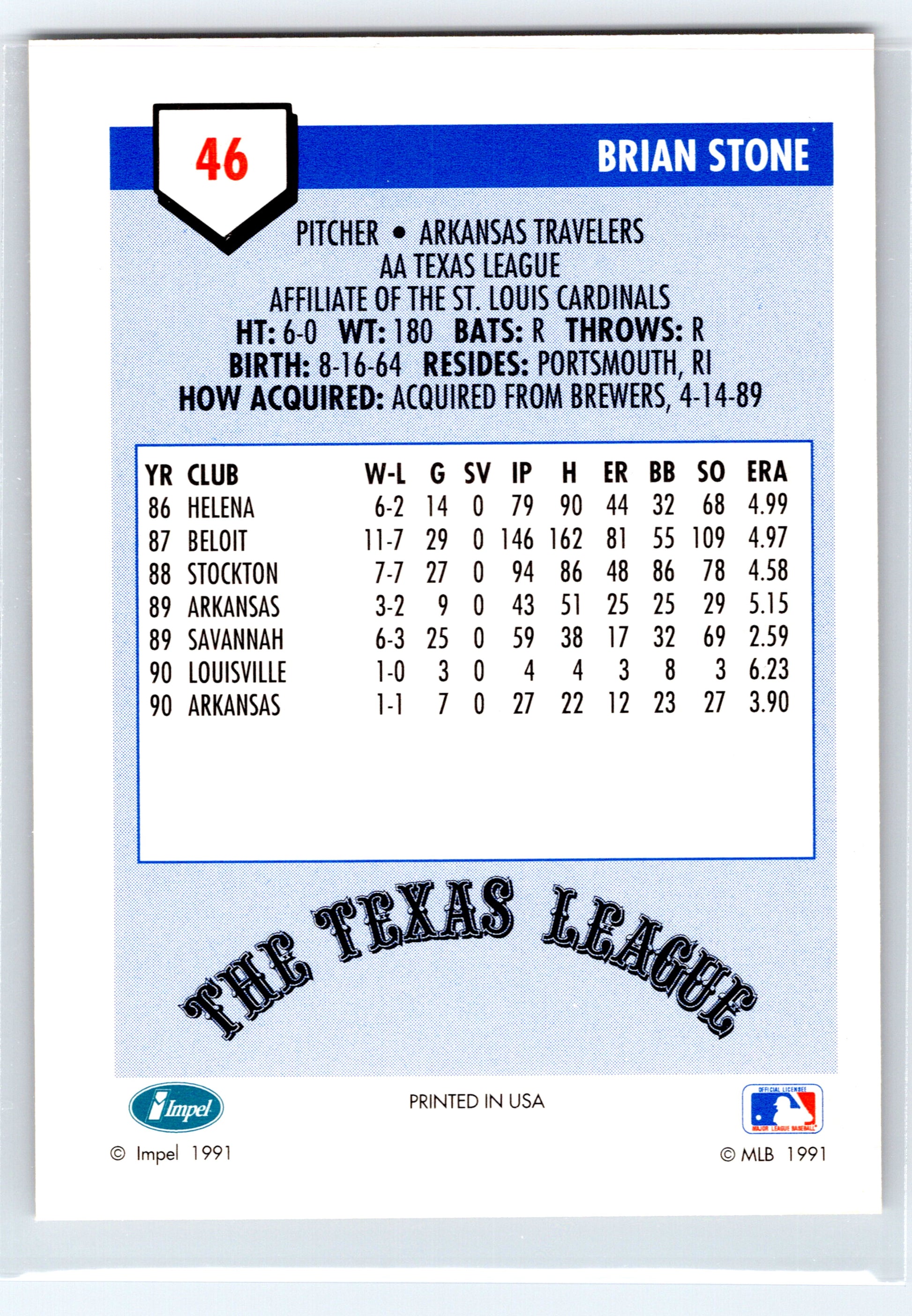 1991 Line Drive AA #46 Brian Stone