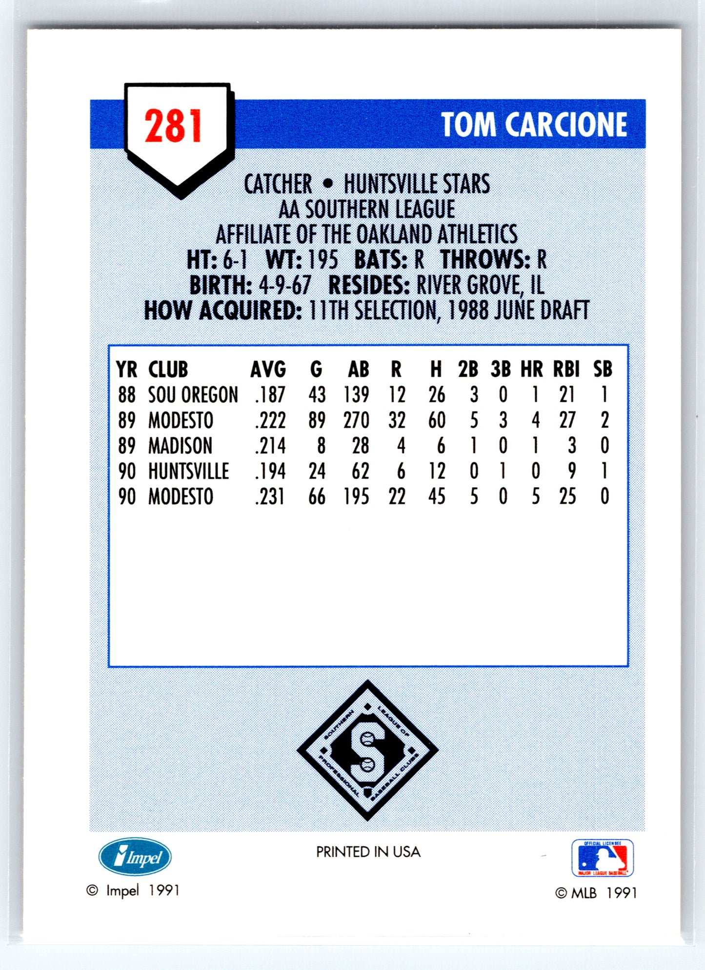 1991 Line Drive AA #281 Tom Carcione