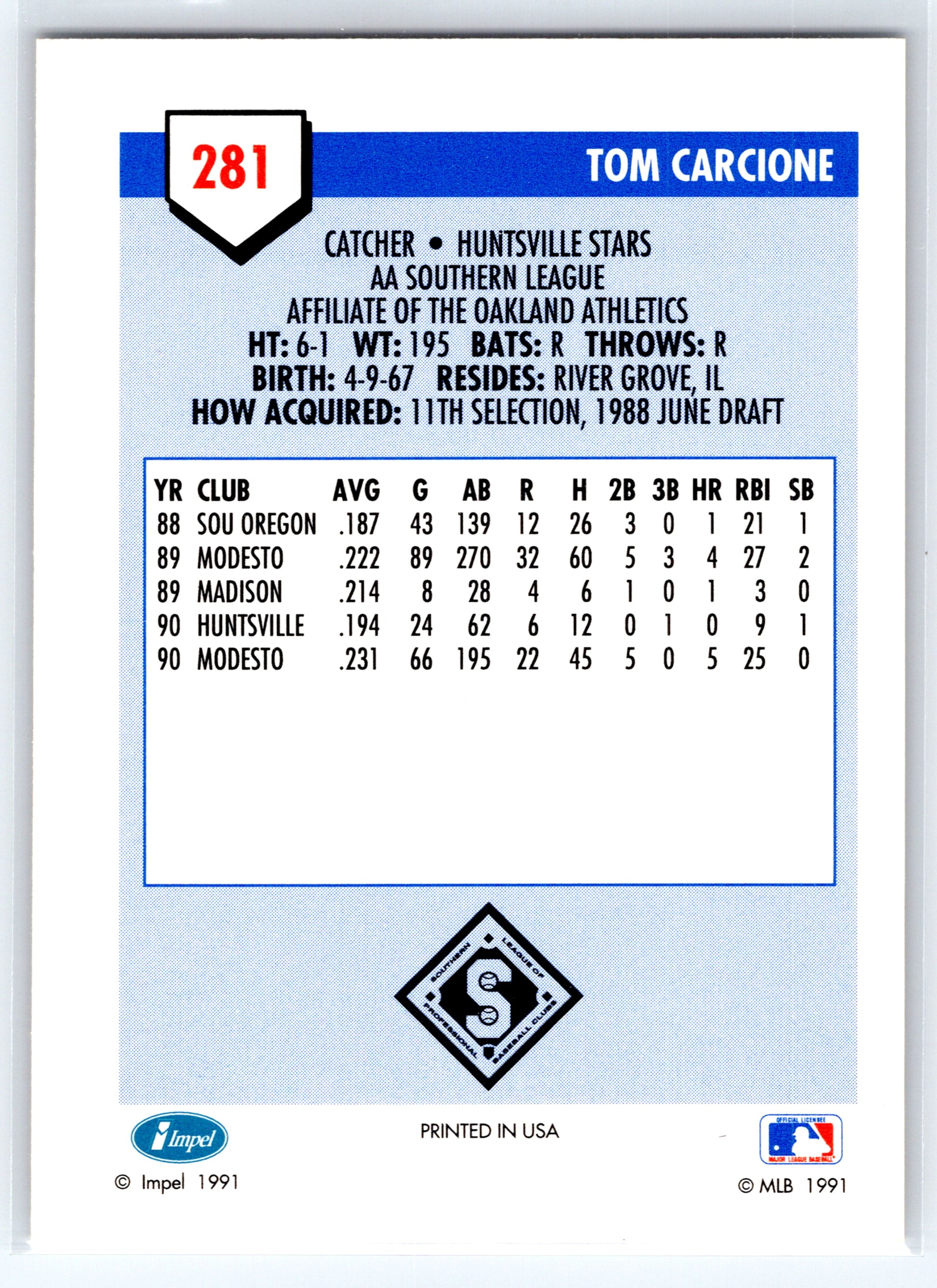 1991 Line Drive AA #281 Tom Carcione