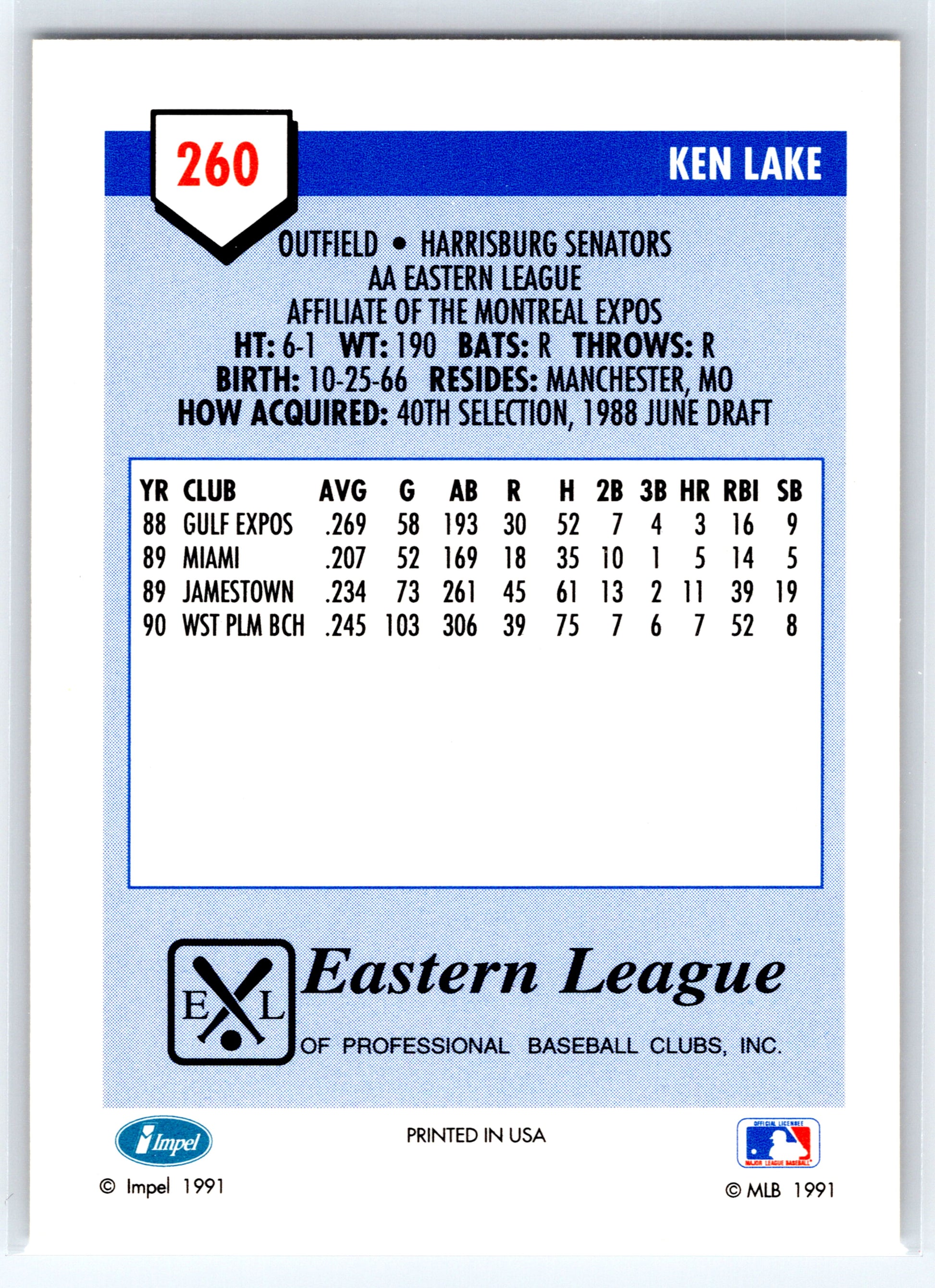 1991 Line Drive AA #260 Ken Lake