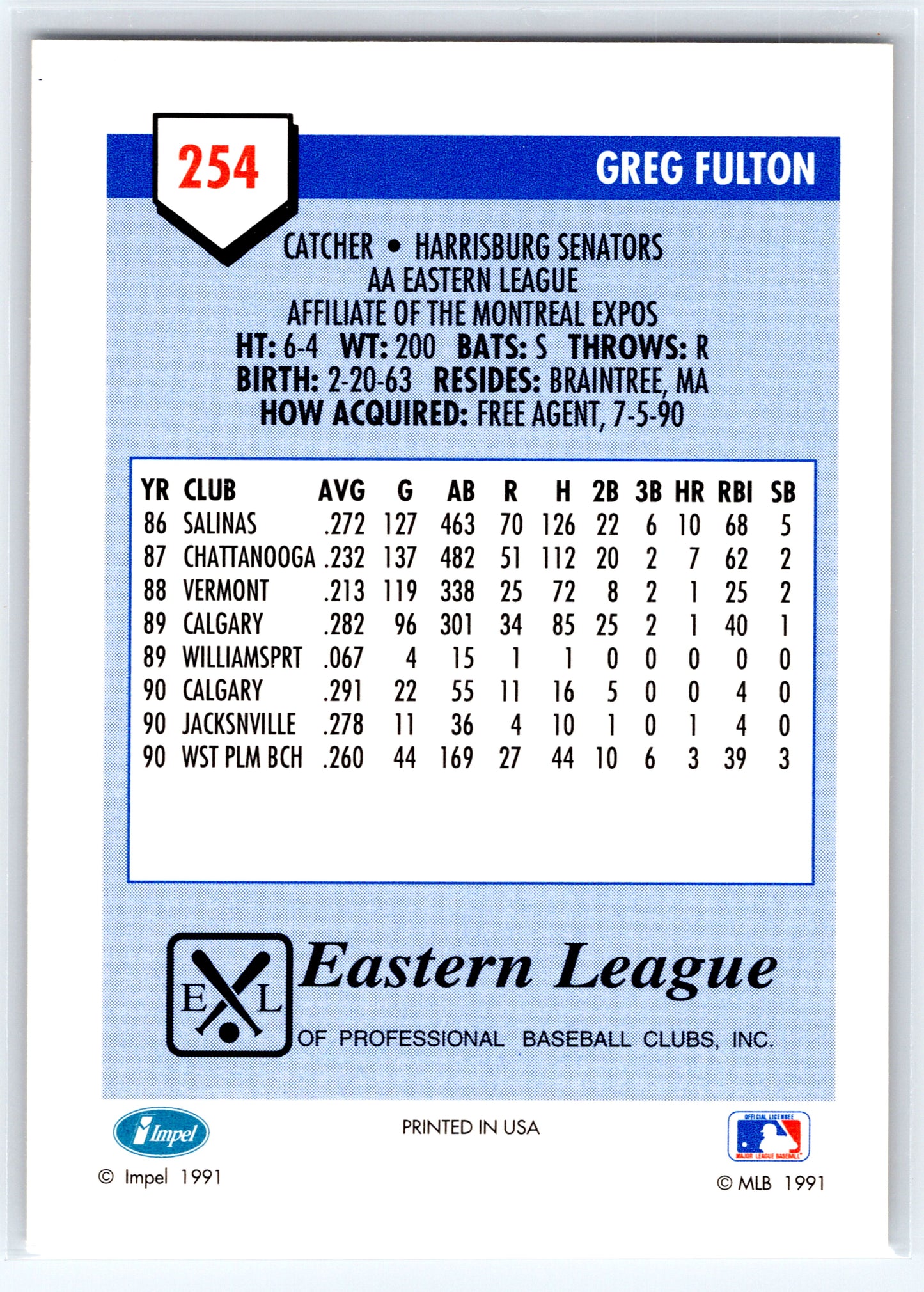 1991 Line Drive AA #254 Greg Fulton