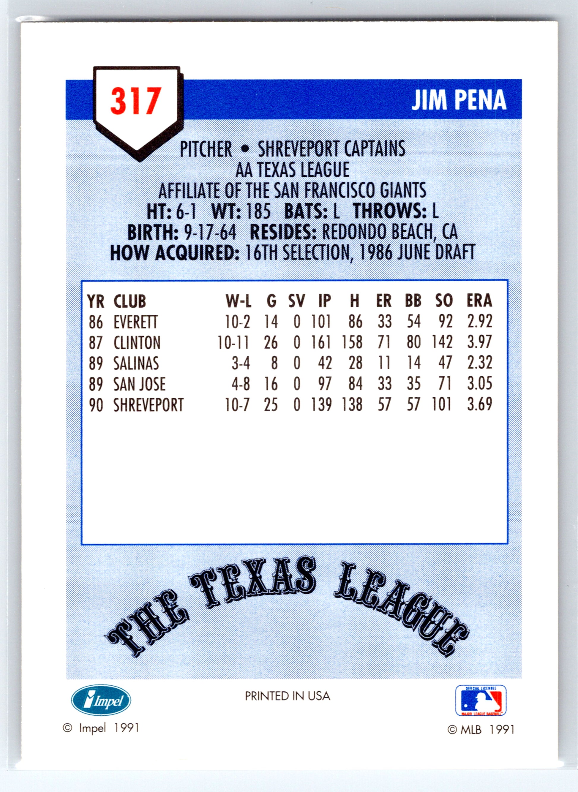 1991 Line Drive AA #317 Jim Pena