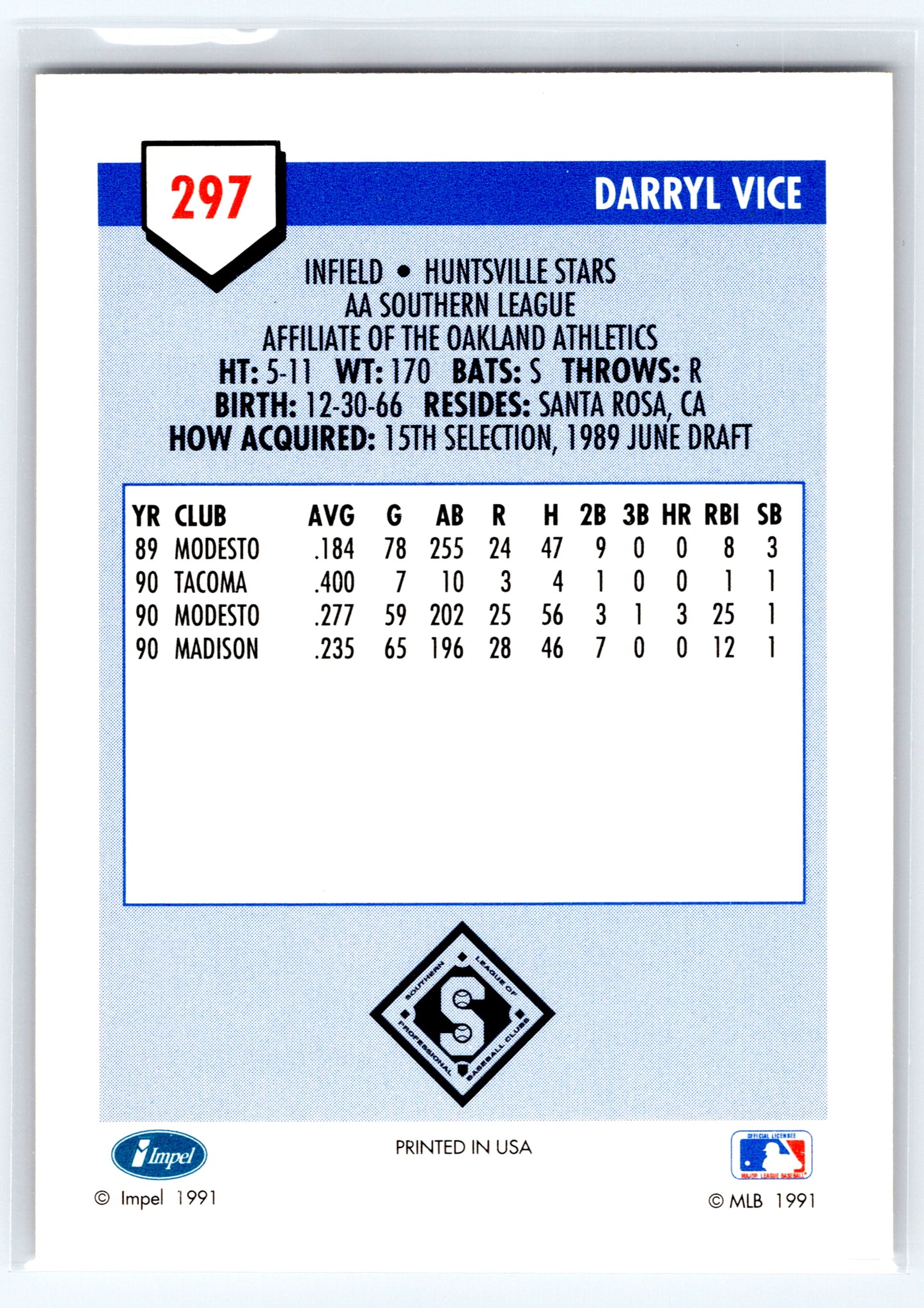 1991 Line Drive AA #297 Darryl Vice