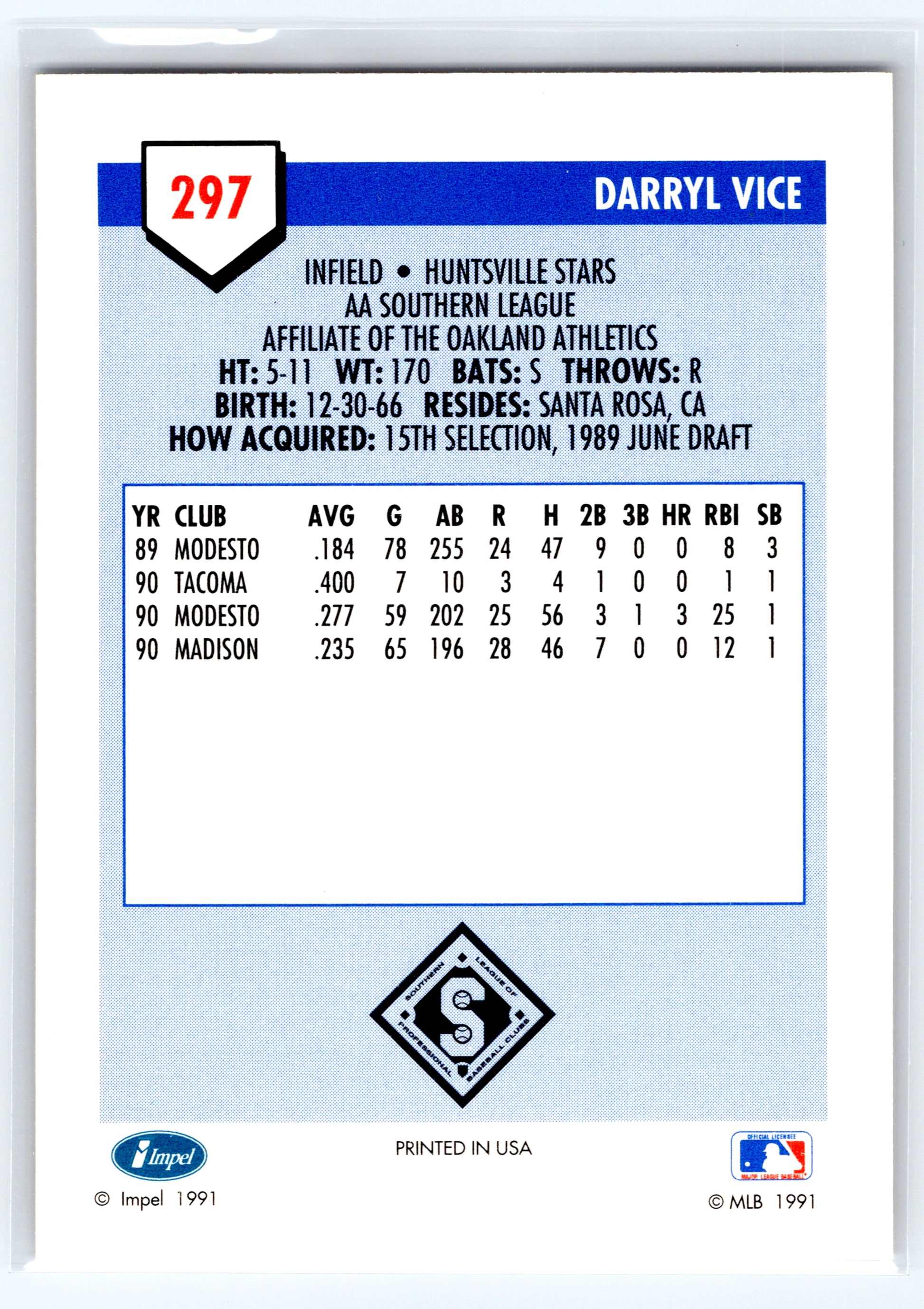 1991 Line Drive AA #297 Darryl Vice