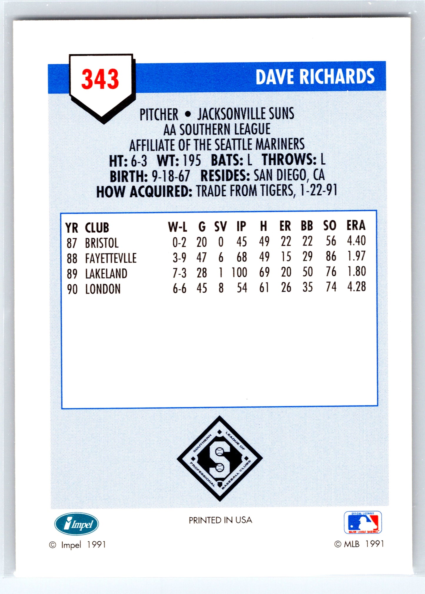 1991 Line Drive AA #343 Dave Richards
