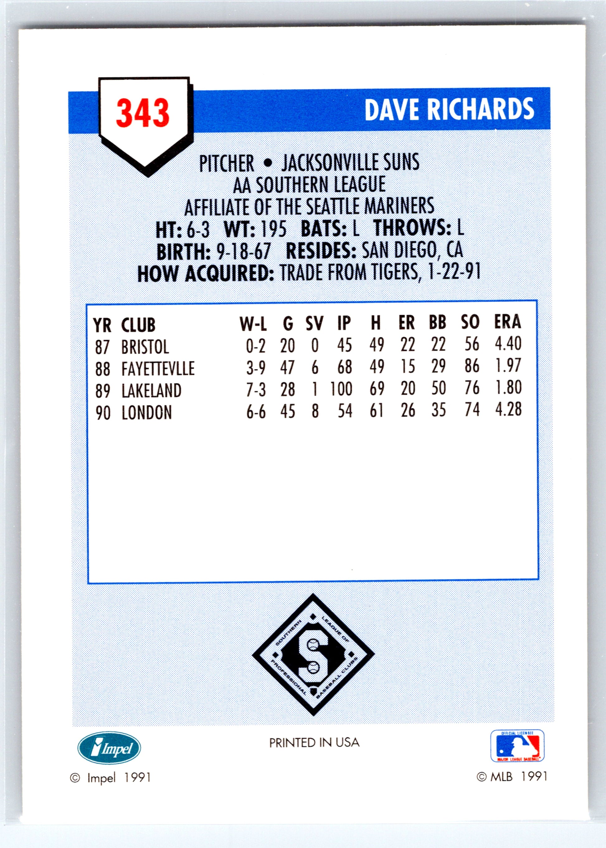 1991 Line Drive AA #343 Dave Richards
